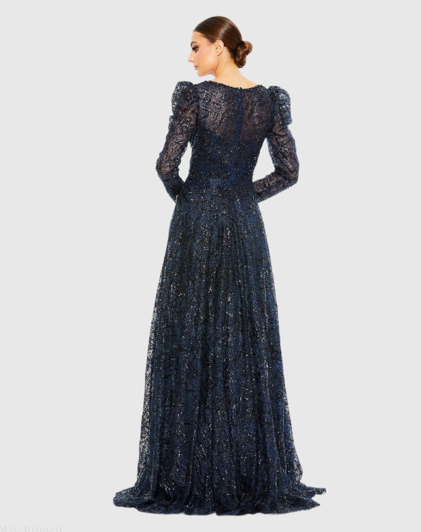 Navy Embellished V Neck Long Sleeve A Line Gown - Mac Duggal