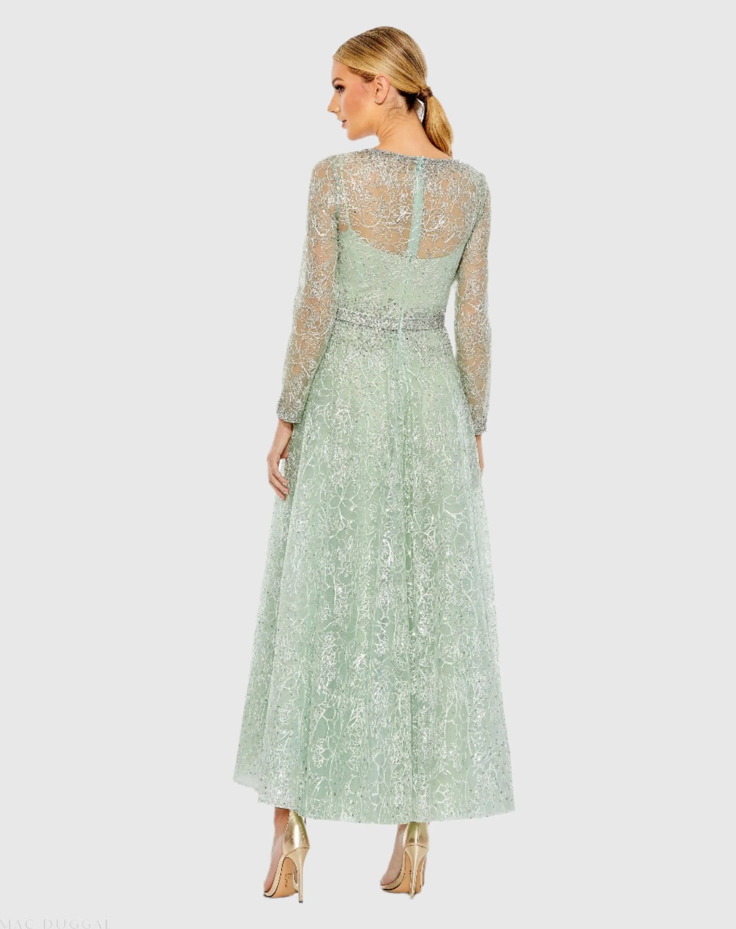 Green Embellished Wrap Over Long Sleeve Midi Dress - Mac Duggal