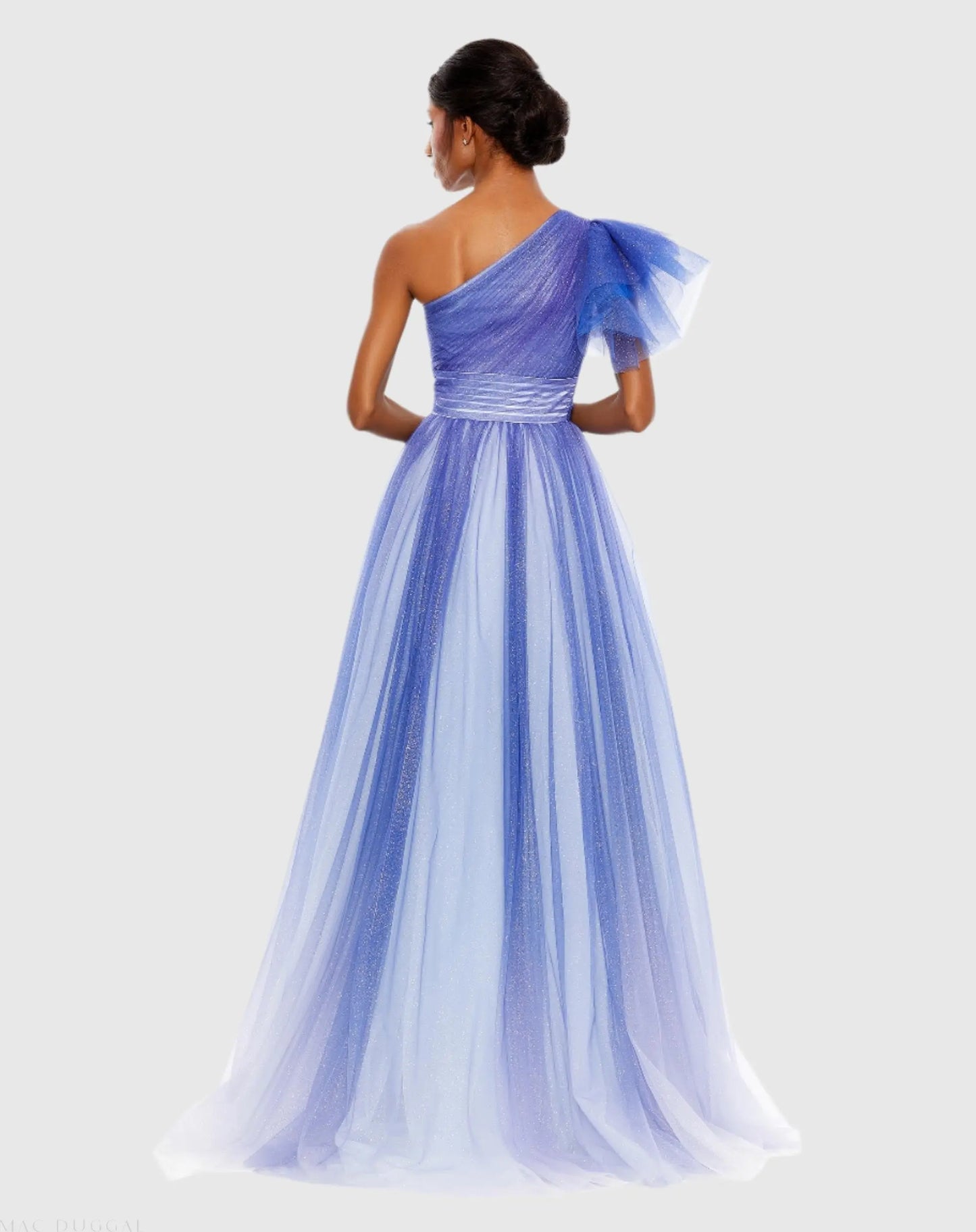 Blue Glitter Ombre Ruffled One Shoulder Ballgown - Mac Duggal