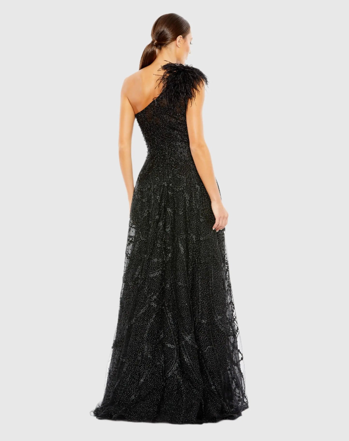 Black Embellished One Shoulder A Line Gown - Mac Duggal