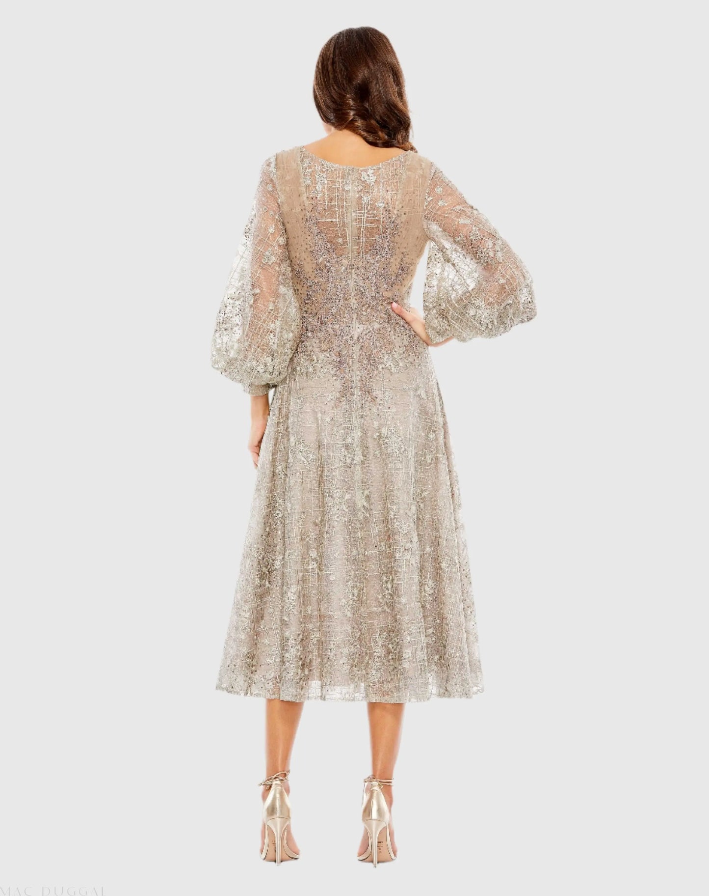 Beige Embellished Plunge Neck Bishop Sleeve Dress - Mac Duggal