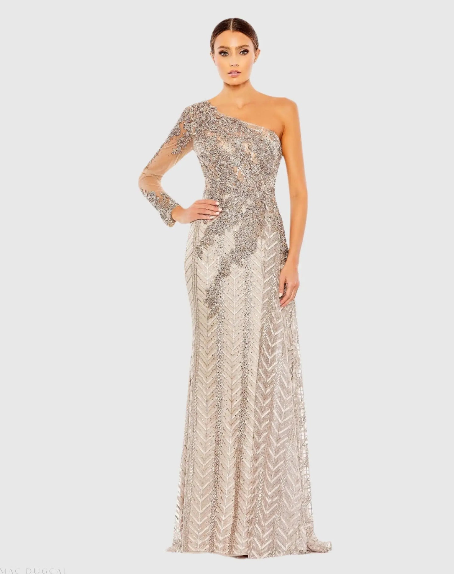 Beige Embellished One Shoulder A Line Gown - Mac Duggal