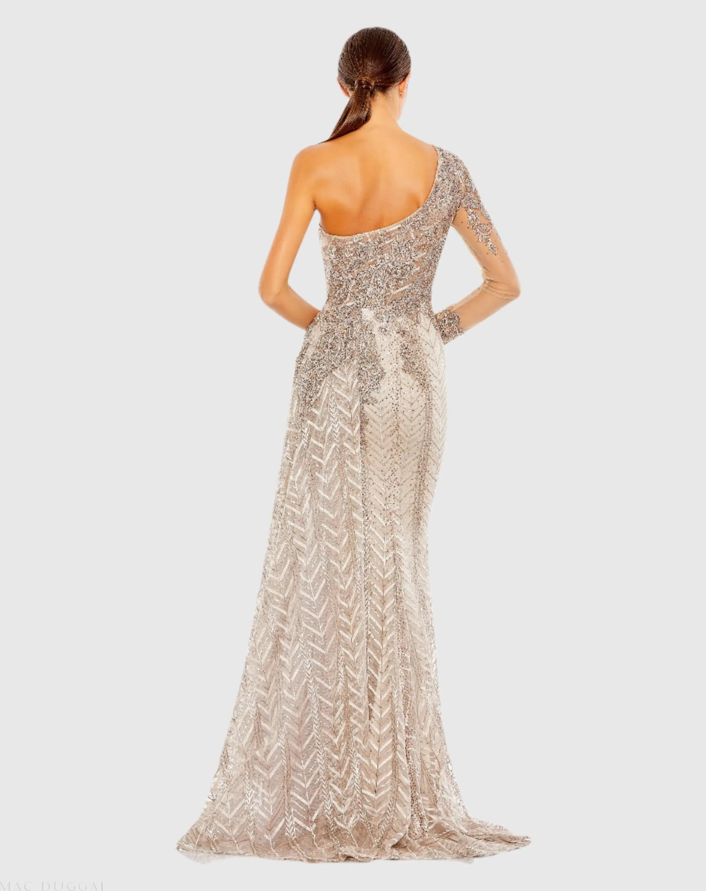 Beige Embellished One Shoulder A Line Gown - Mac Duggal