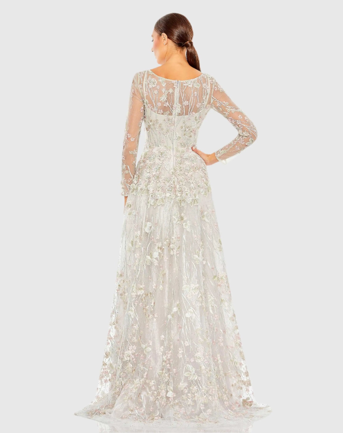 White Embroidered Lace Wrap Over Illusion Long Sleeve A Line Gown - Mac Duggal