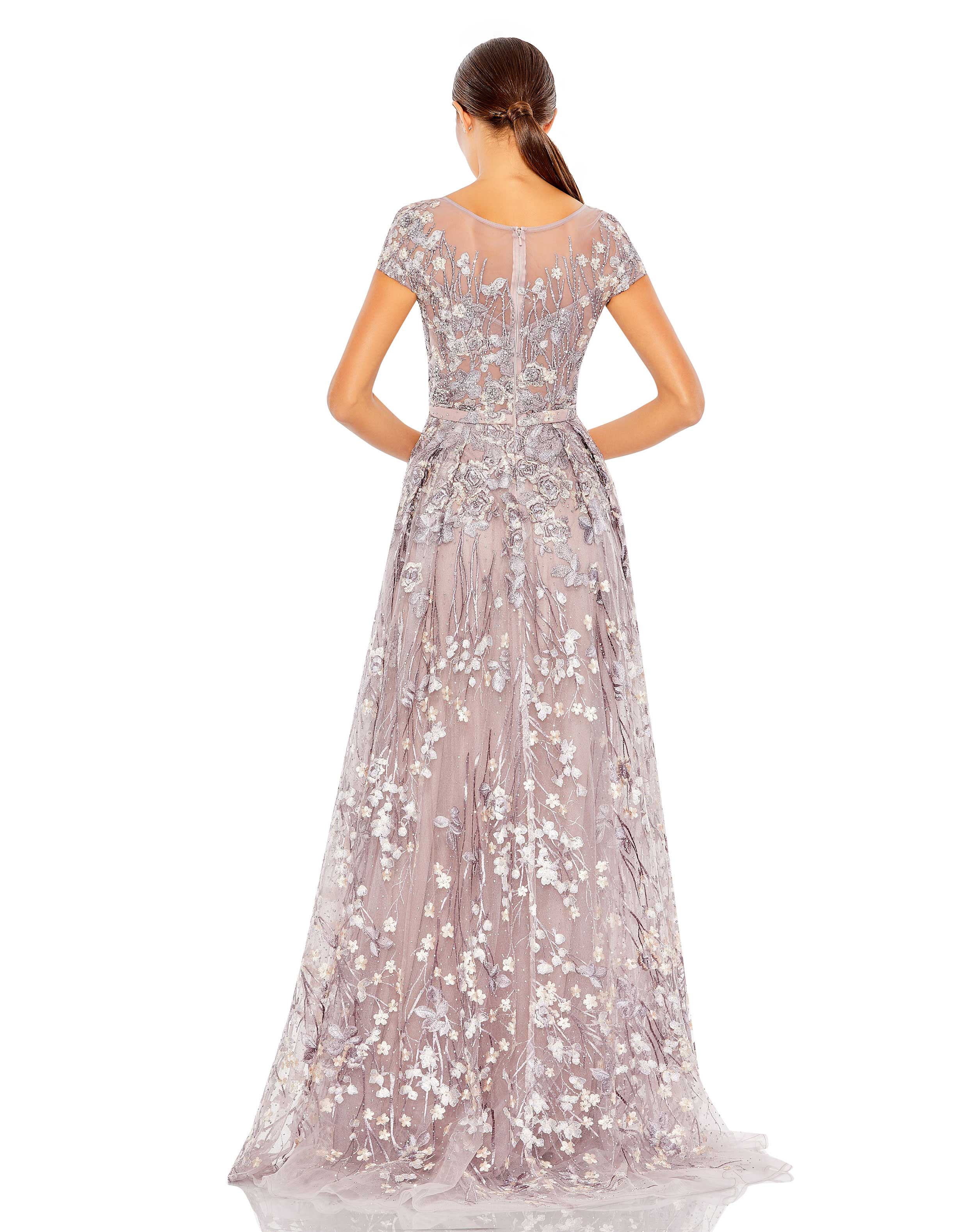 Embellished Floral Cap Sleeve A Line Gown