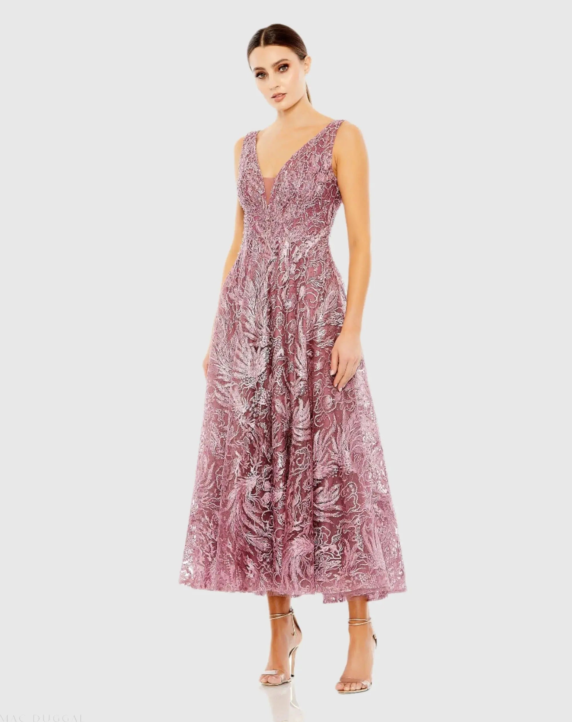 V-Neck Low Cut Back Floral Embroidered A-Line Dress - Mac Duggal V-Neck Low Cut Back Floral Embroidered A-Line Dress - Mac Duggal