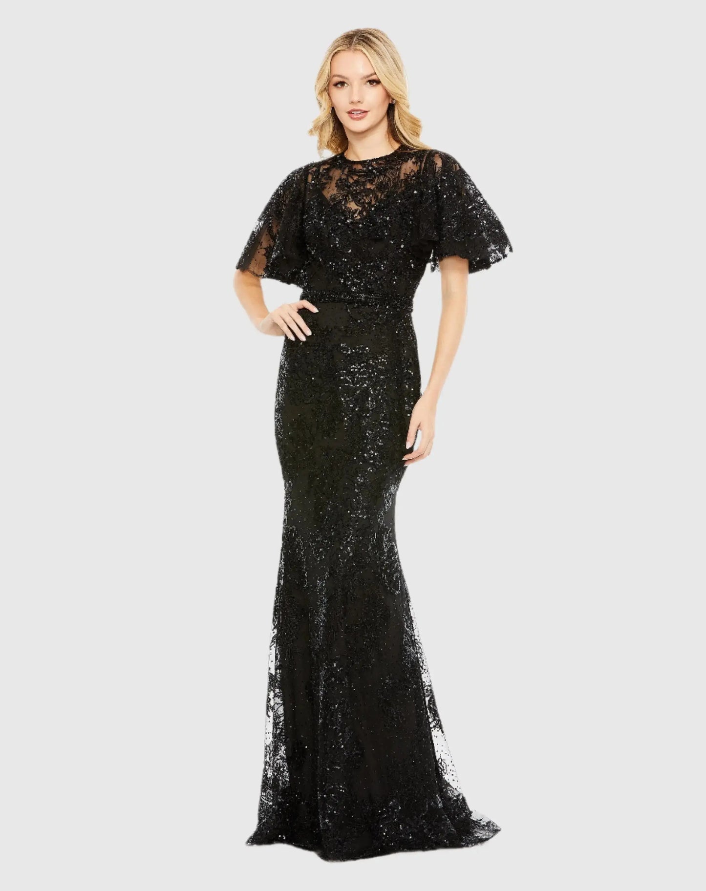 Black Embellished Flutter Sleeve High Neck Gown - Mac Duggal