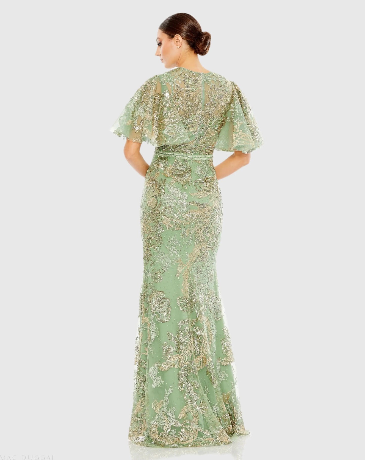Green Embellished Flutter Sleeve High Neck Gown - Mac Duggal