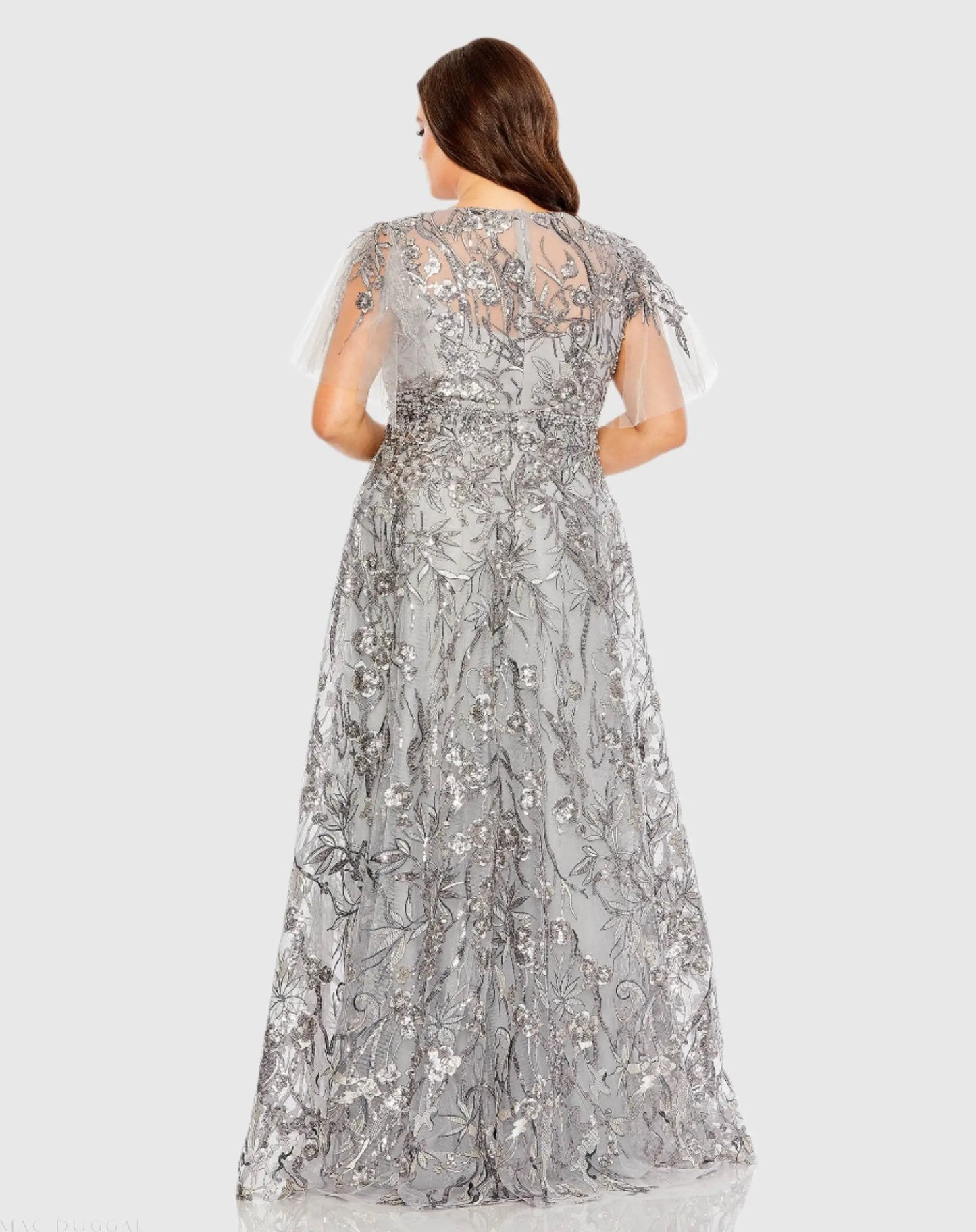 Silver High Neck Flutter Sleeve Embellished A-Line Gown - Mac Duggal