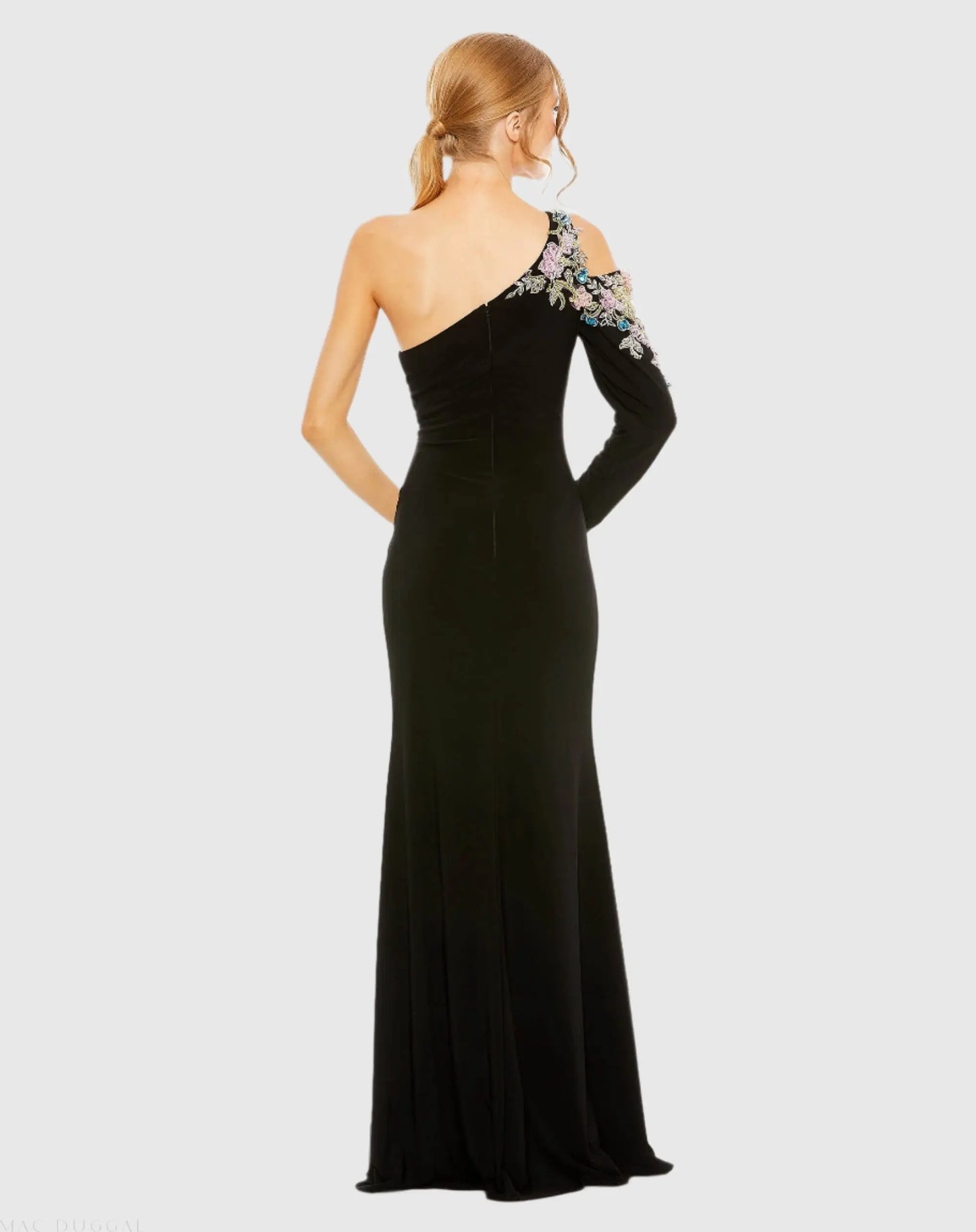 Black One Shoulder Long Sleeve Floral Embellished Gown - Mac Duggal
