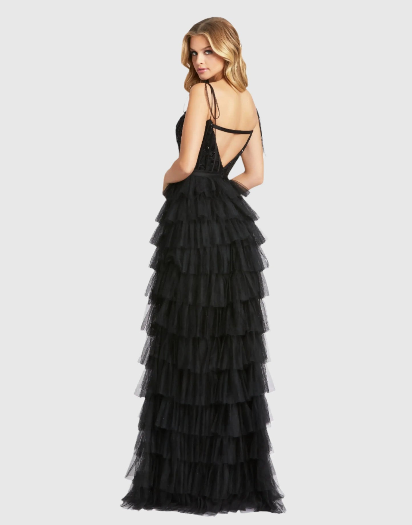 Black Sequined Bustier Tiered Ruffle Gown - Mac Duggal