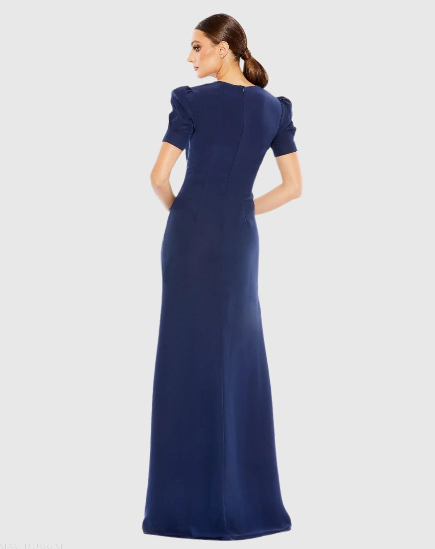 Navy Plunge Neck Puff Sleeve Cut Out Gown - Mac Duggal