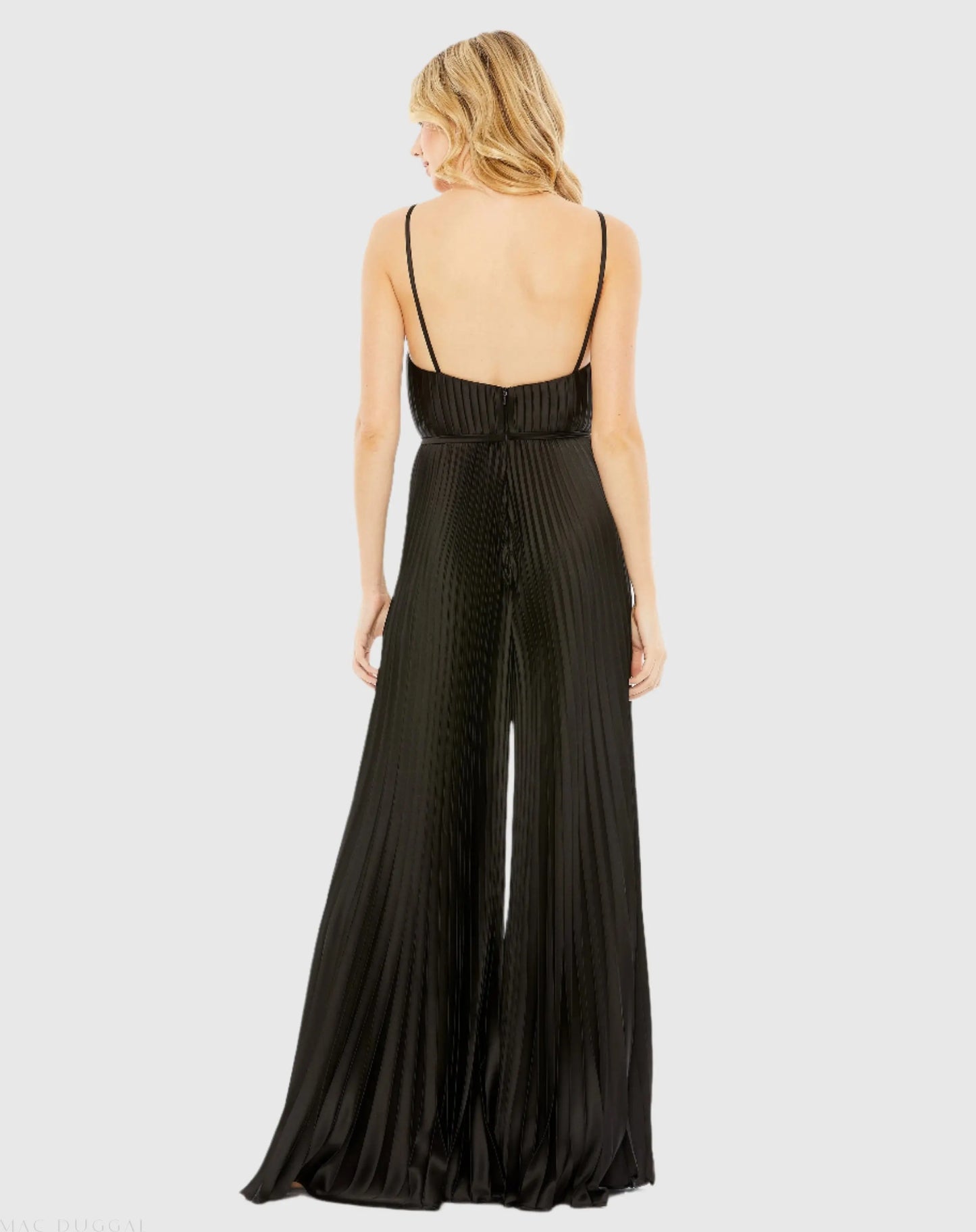 Black Pleated Plunge Neck Wide Leg Jumpsuit - Mac Duggal