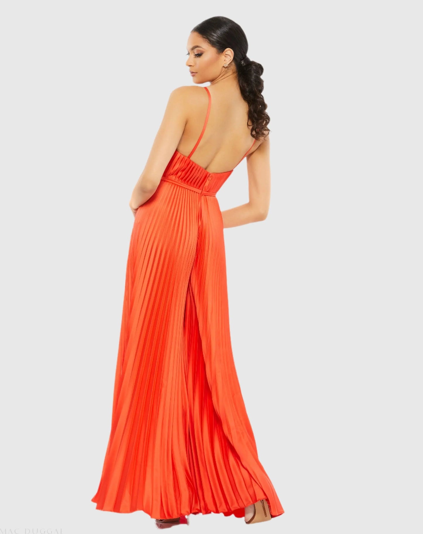 Orange Pleated Plunge Neck Wide Leg Jumpsuit - Mac Duggal