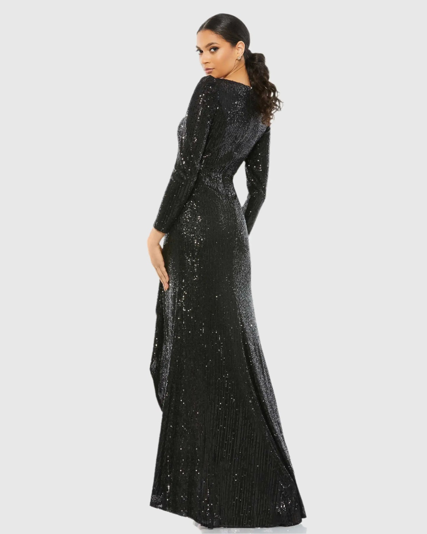 Black Faux Wrap Long Sleeve Sequin Gown - Ieena for Mac Duggal