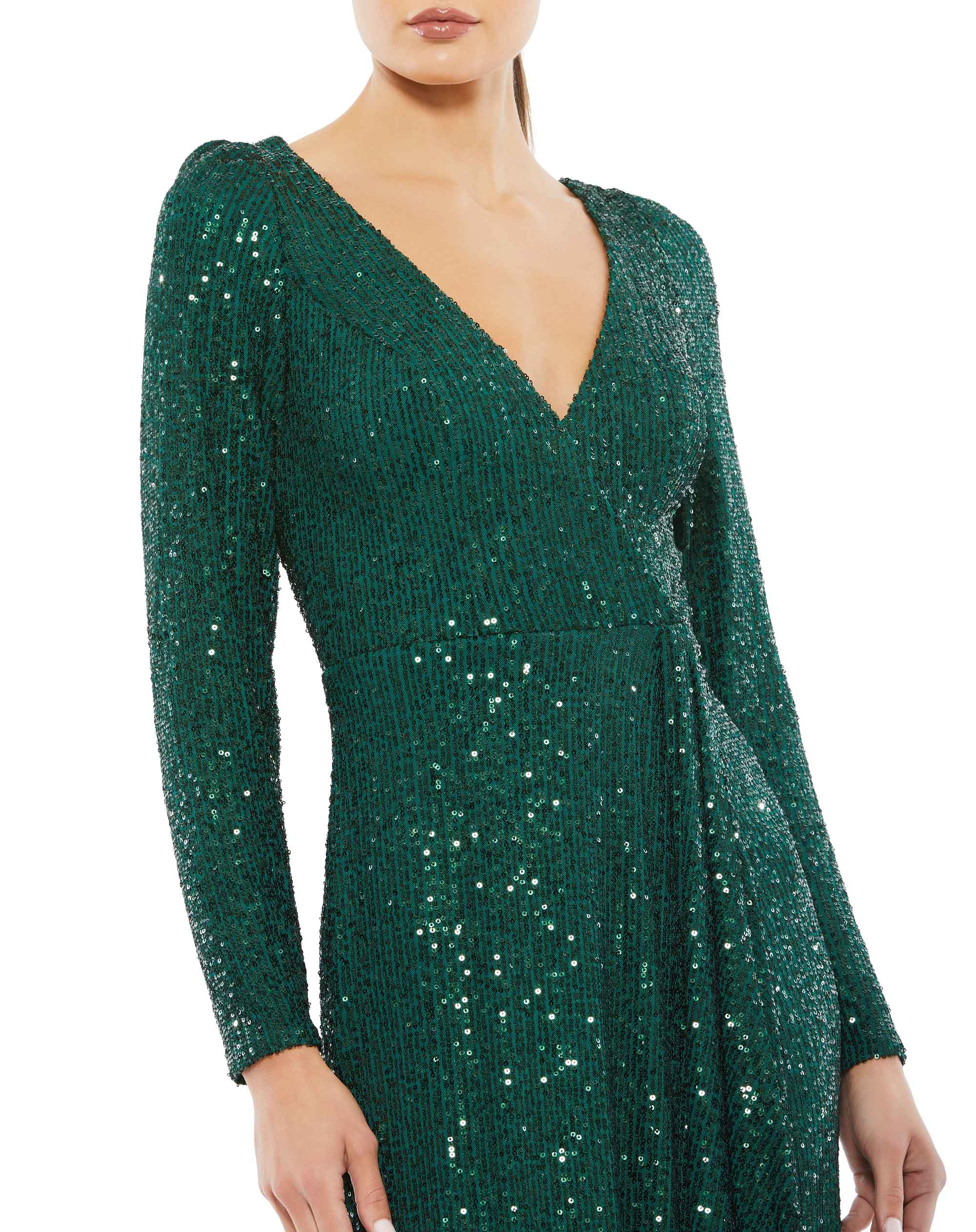 Sequined Faux Wrap Long Sleeve Gown