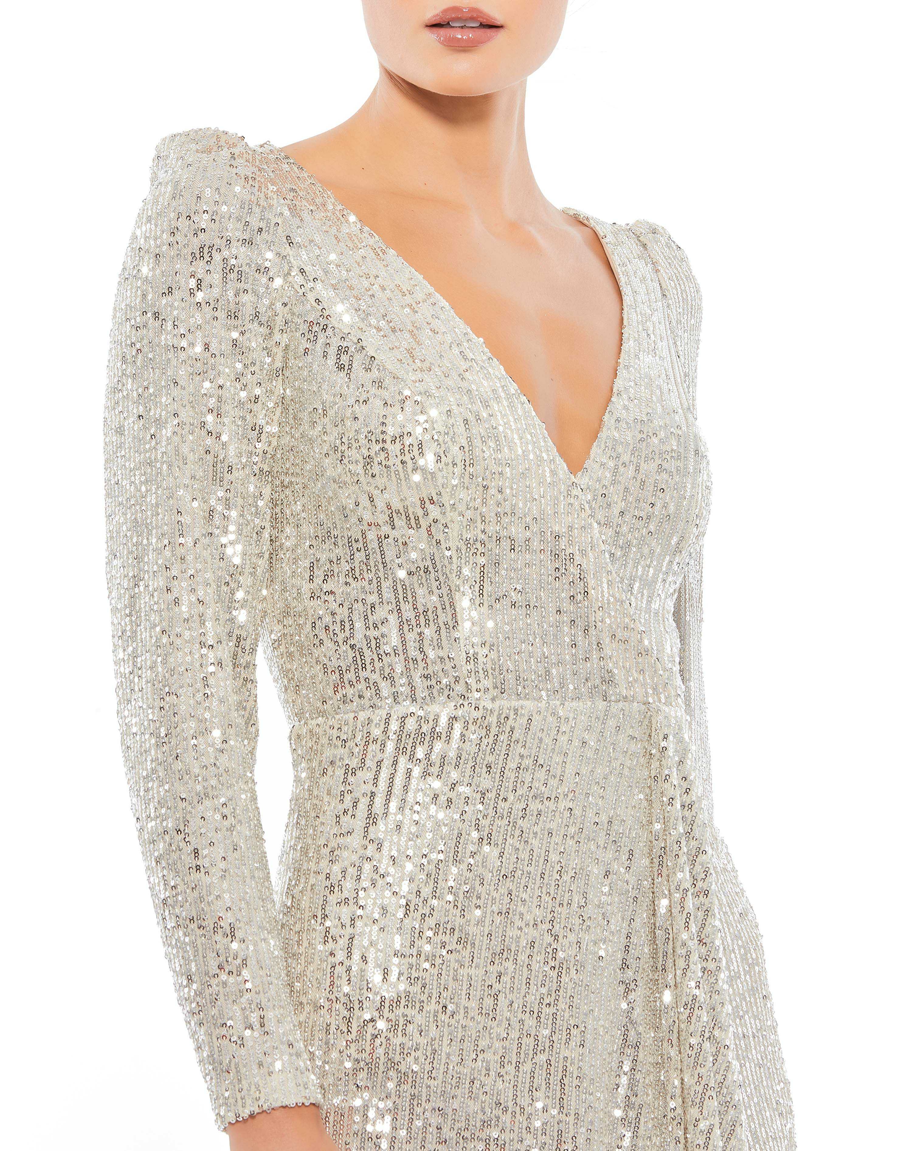 Sequined Faux Wrap Long Sleeve Gown