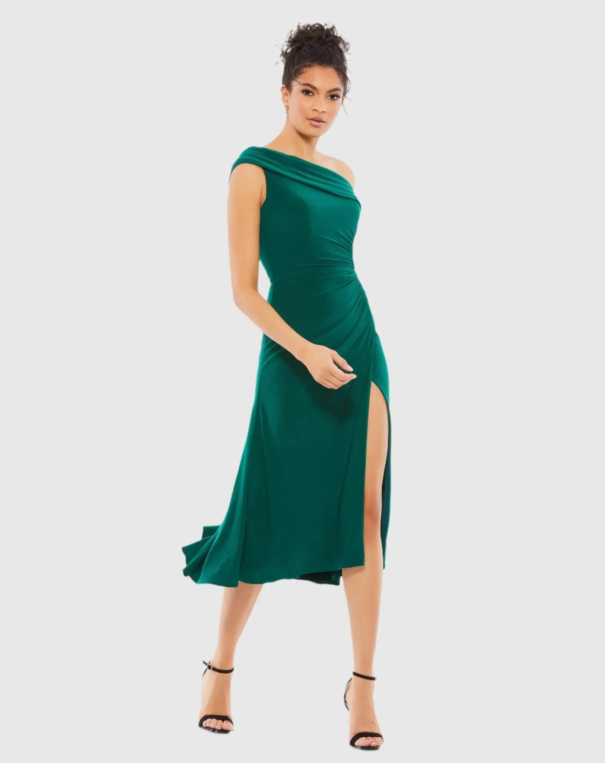 Dark Green Ruched Off-The-Shoulder Midi Dress - Mac Duggal Dark Green Ruched Off-The-Shoulder Midi Dress - Mac Duggal