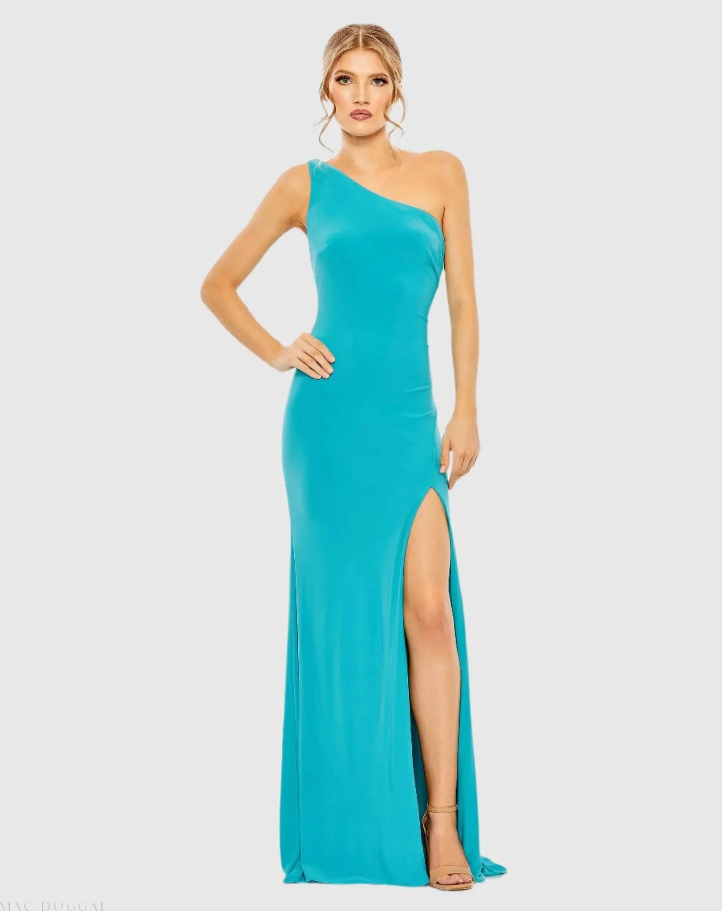 Blue Jersey One Shoulder Draped Back Gown - Ieena for Mac Duggal