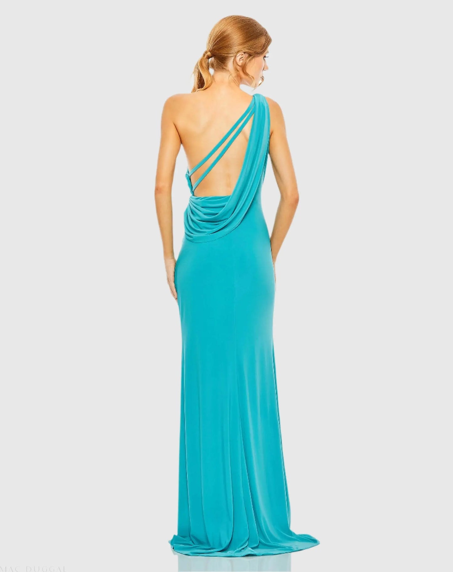 Blue Jersey One Shoulder Draped Back Gown - Ieena for Mac Duggal