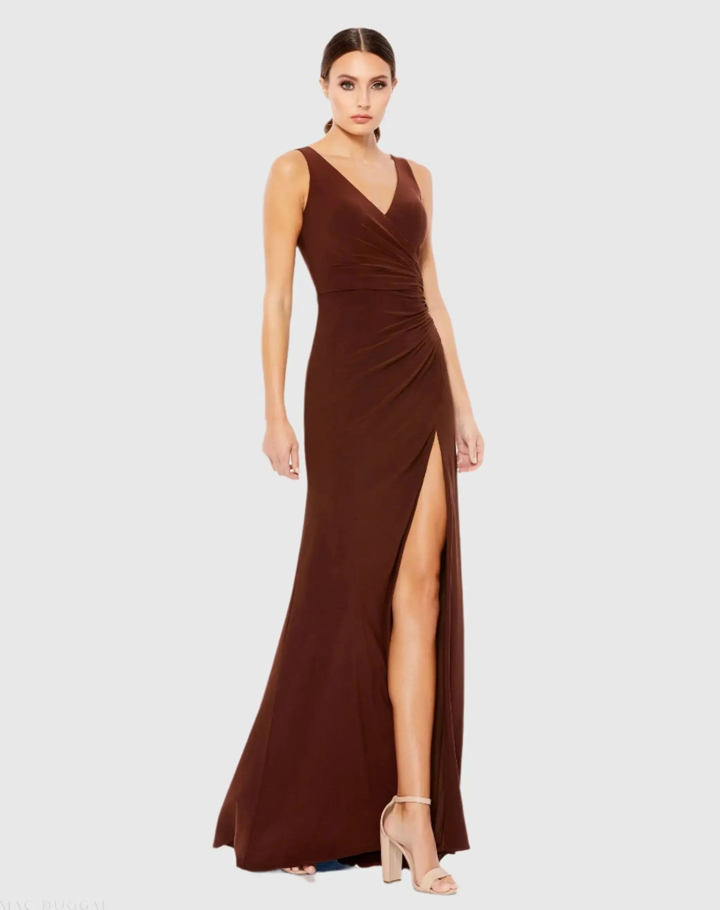 Brown Ruched Stretch Jersey V-Neck Gown - Ieena for Mac Duggal