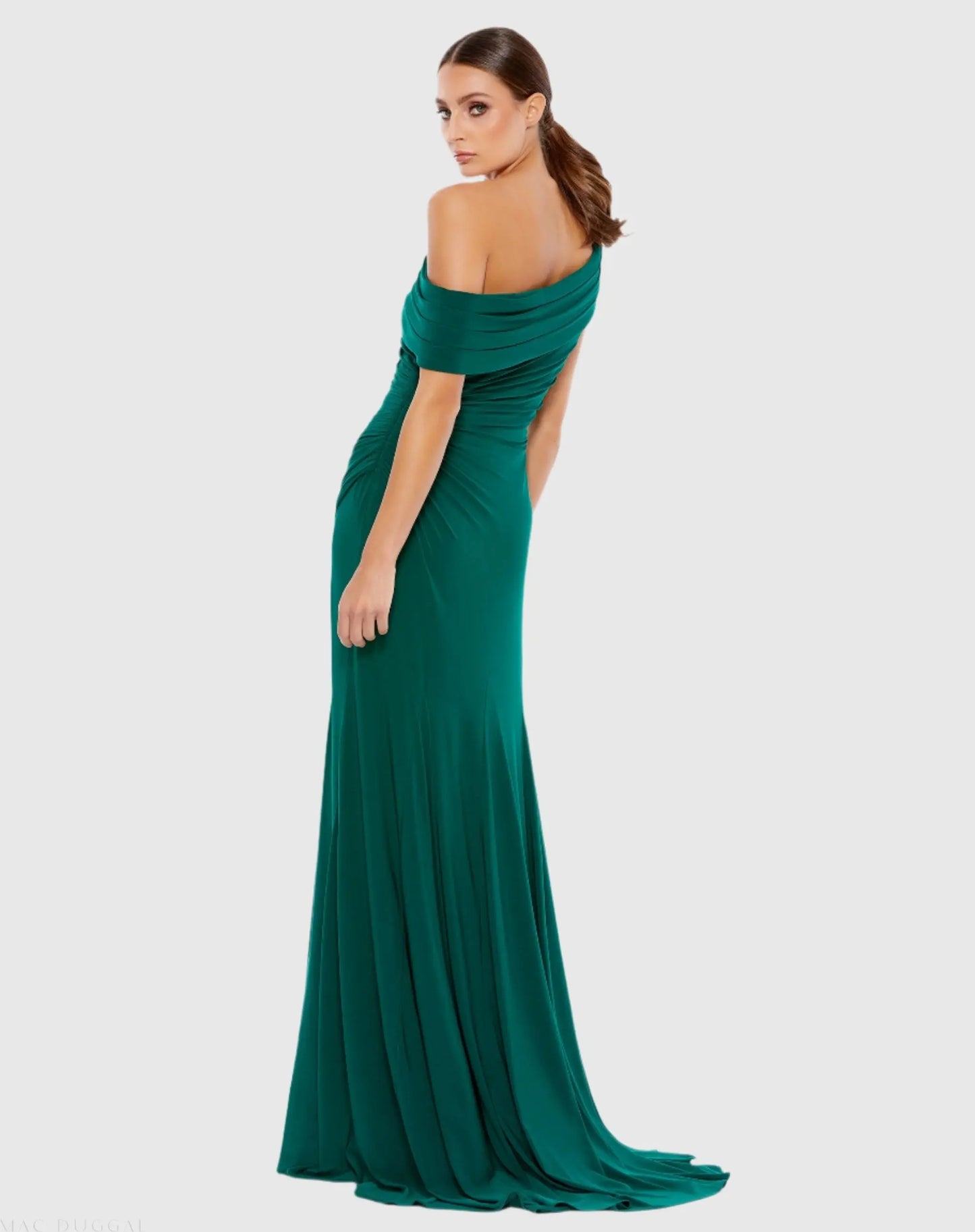 Dark Green Foldover Off-the-Shoulder Slit Gown - Ieena for Mac Duggal