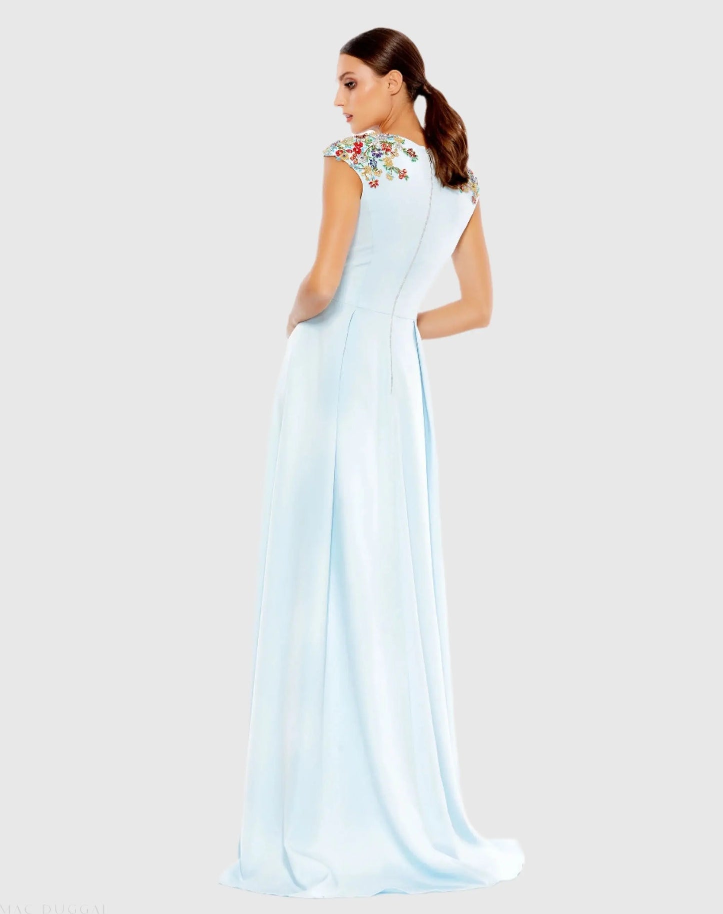 Light Blue Beaded Cap Sleeve V Neck A Line Gown - Ieena for Mac Duggal