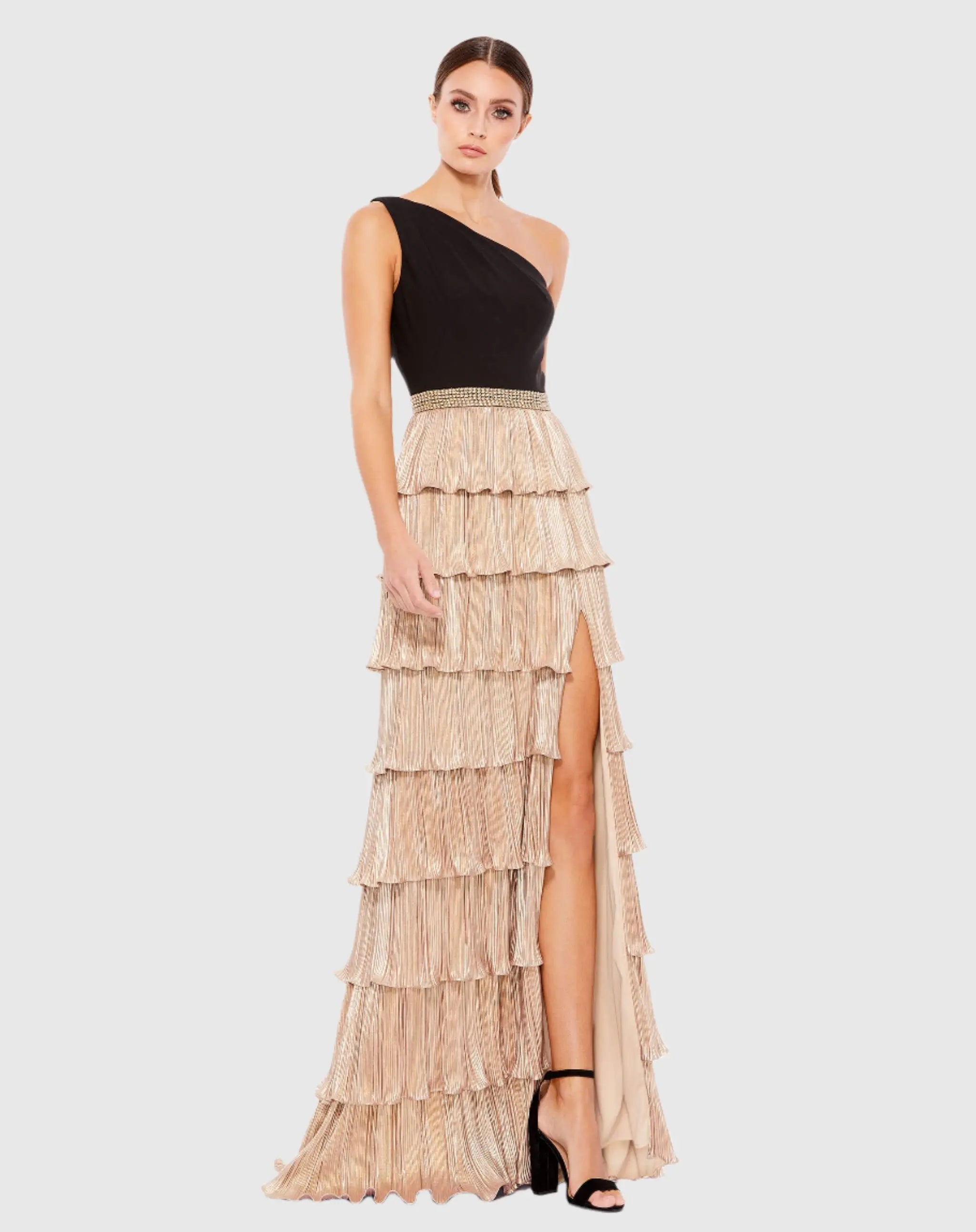 Black and Gold One Shoulder Tiered Ruffle A-Line Gown | Mac Duggal Black and Gold One Shoulder Tiered Ruffle A-Line Gown | Mac Duggal