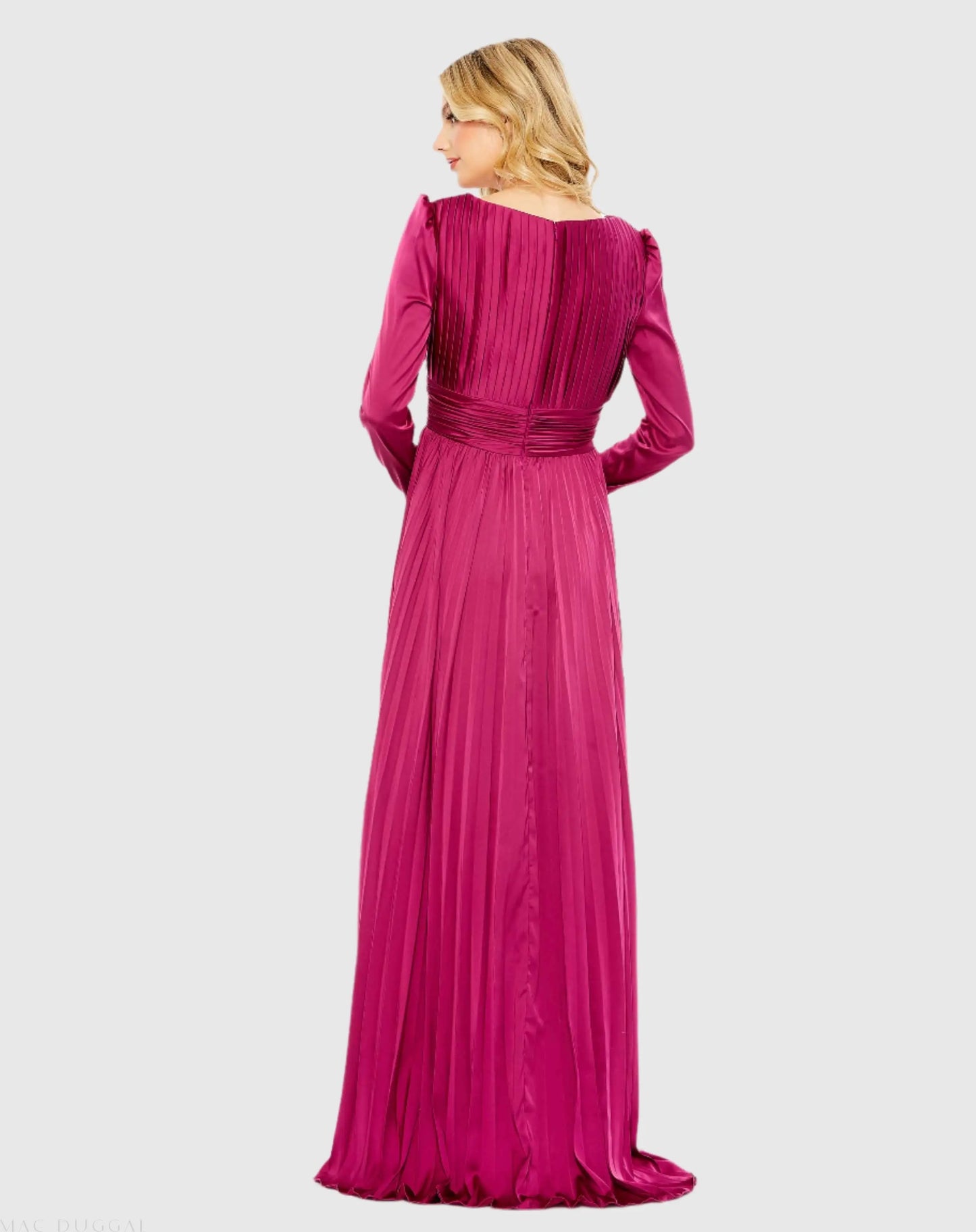 Purple Pleated Long Sleeve V-Neck Gown - Mac Duggal