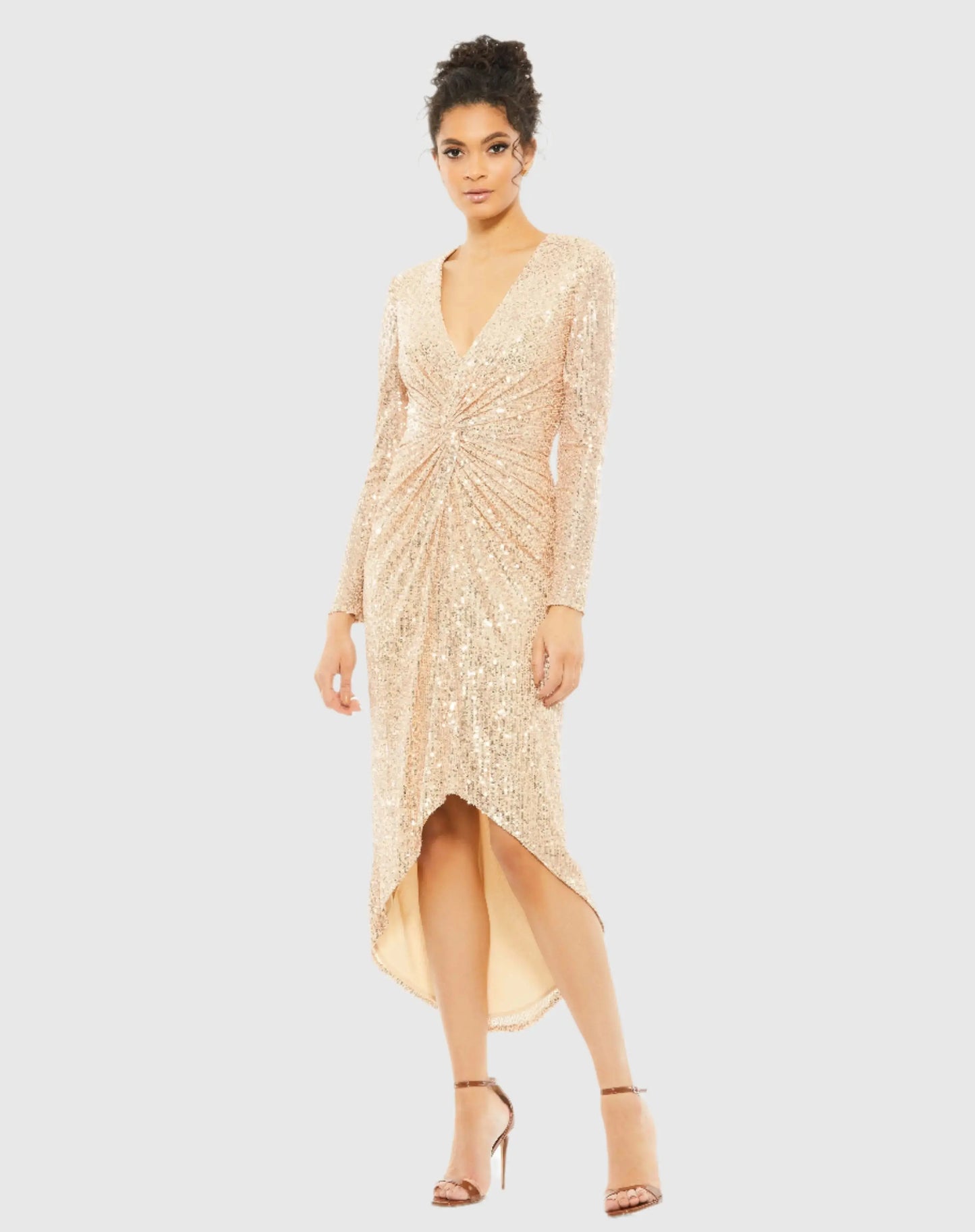 Gold Sequined High Low Front Twist Midi Dress - Ieena for Mac Duggal