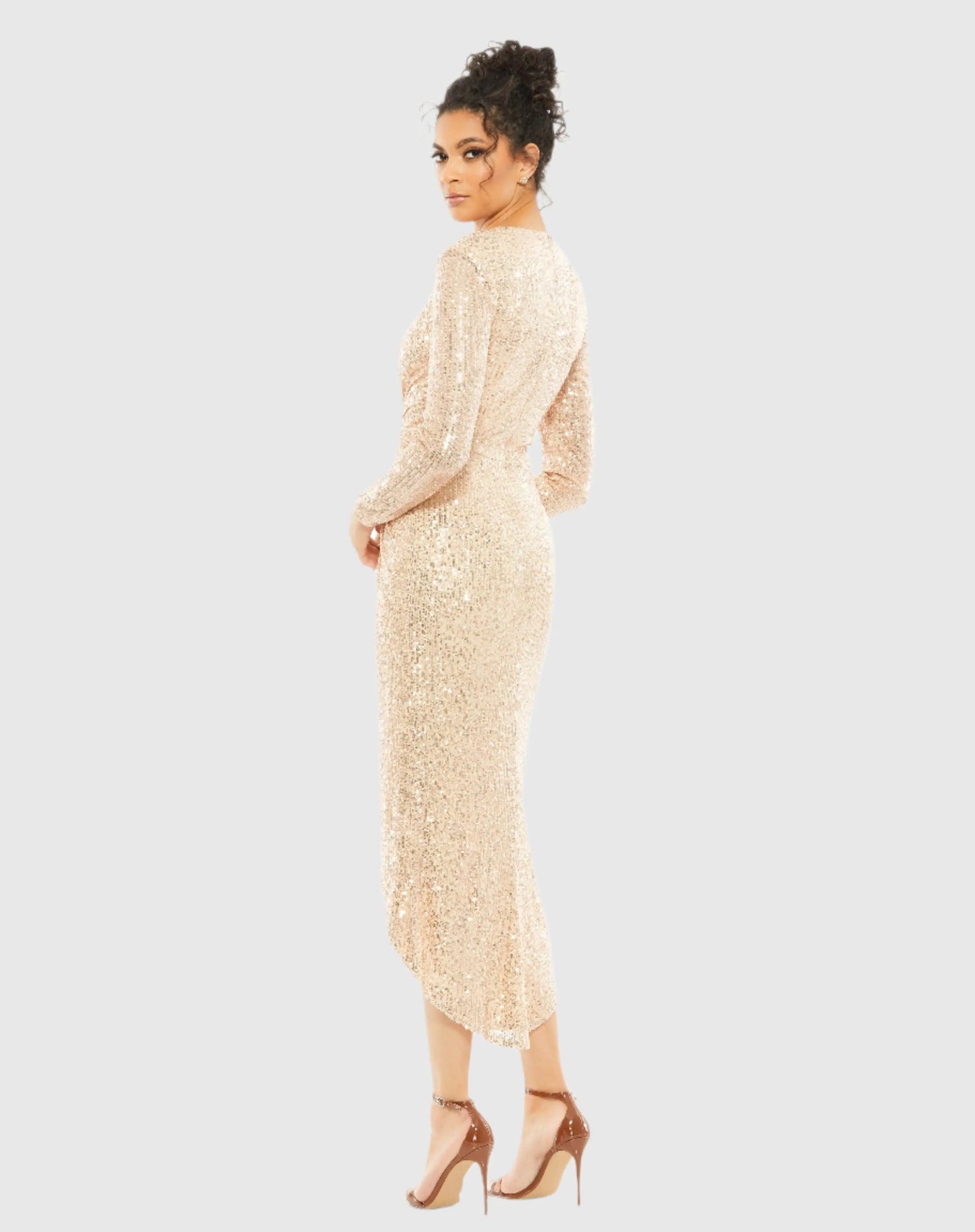 Gold Sequined High Low Front Twist Midi Dress - Ieena for Mac Duggal