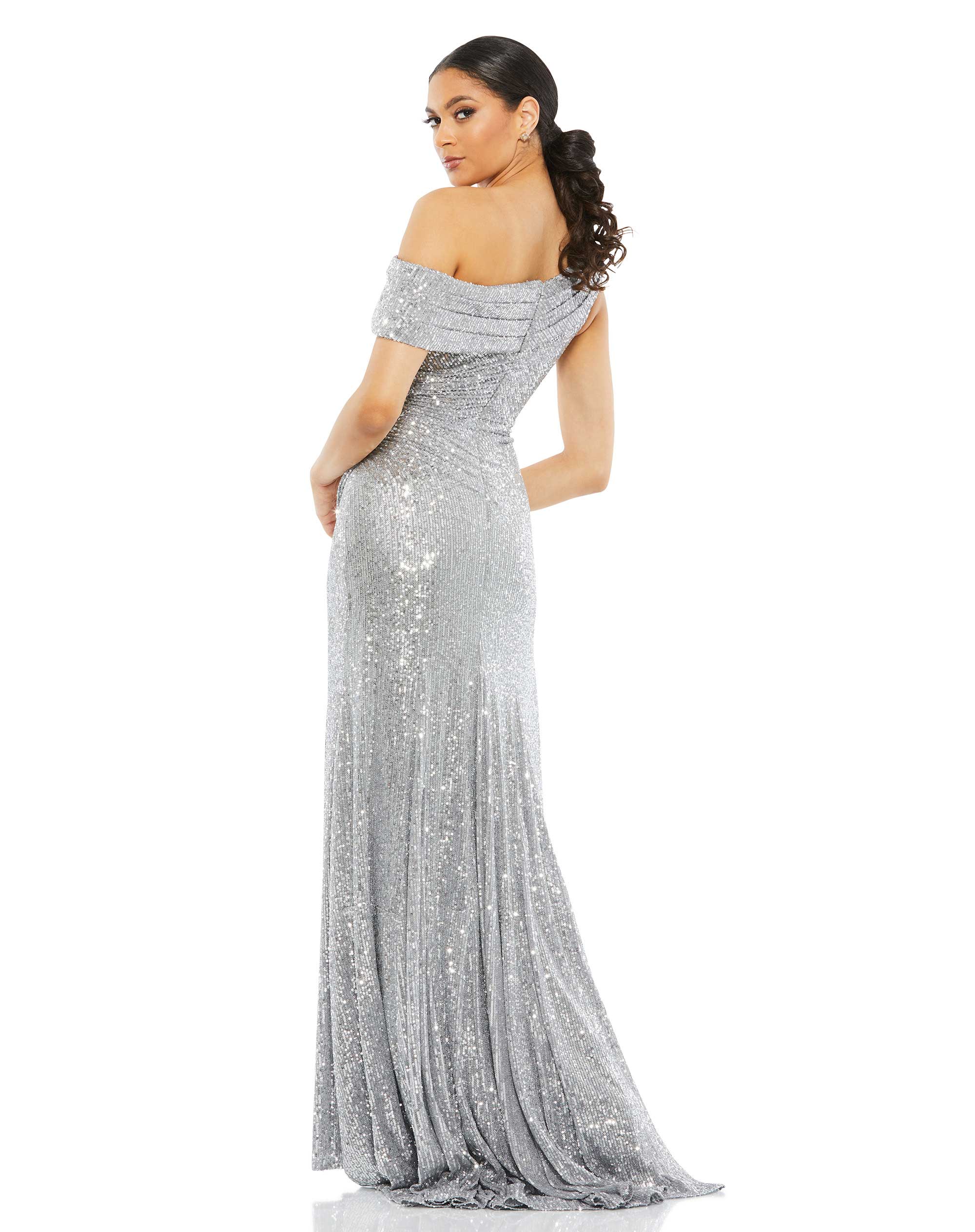 One-Shoulder Ruched Sequined Gown