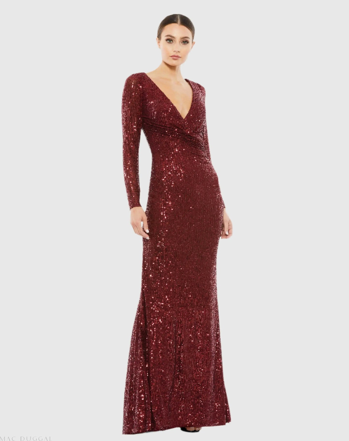 Red Sequined Faux Wrap Long Sleeve Column Gown - Ieena for Mac Duggal