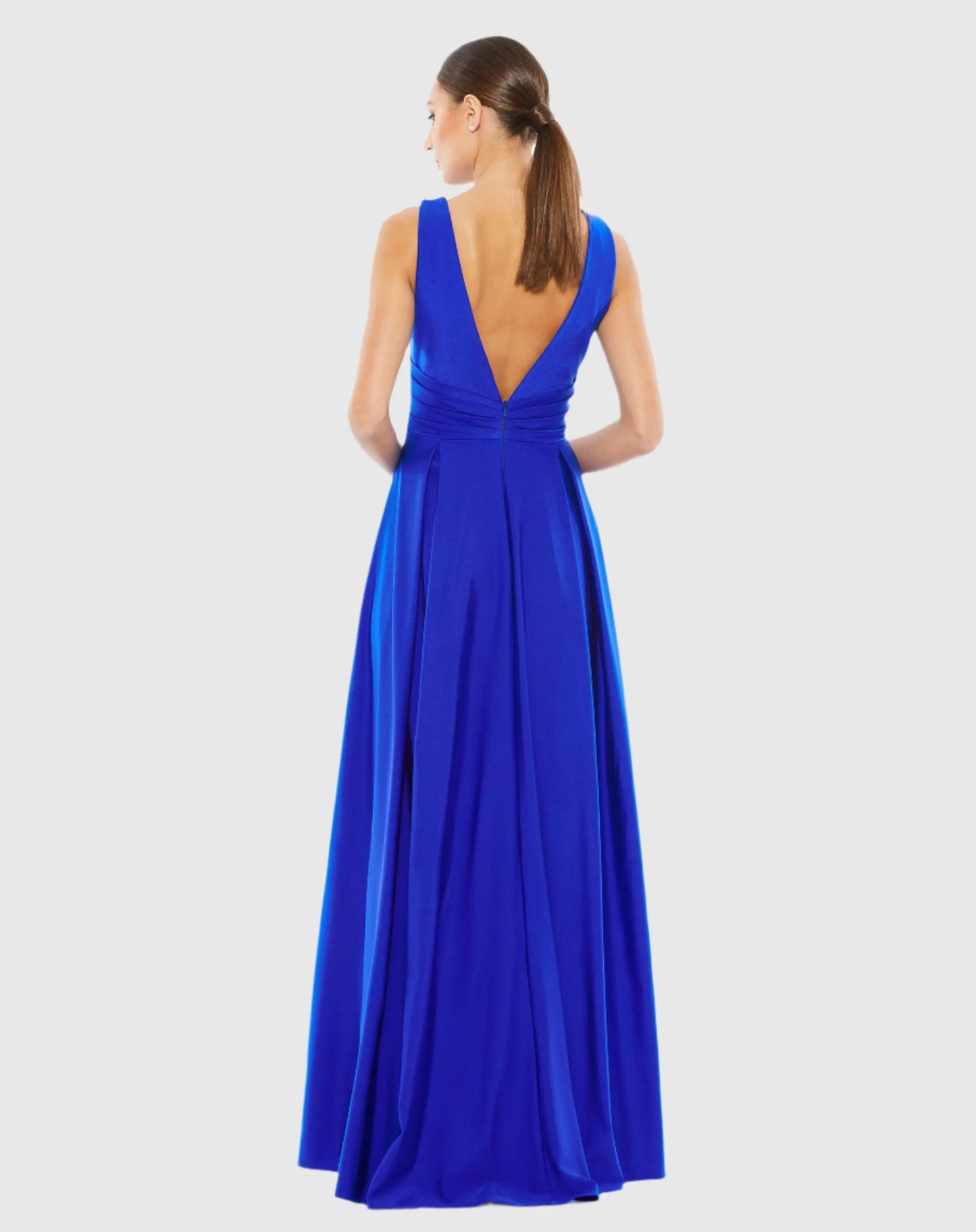 Blue Jersey Plunge Neck Evening Gown - Ieena for Mac Duggal