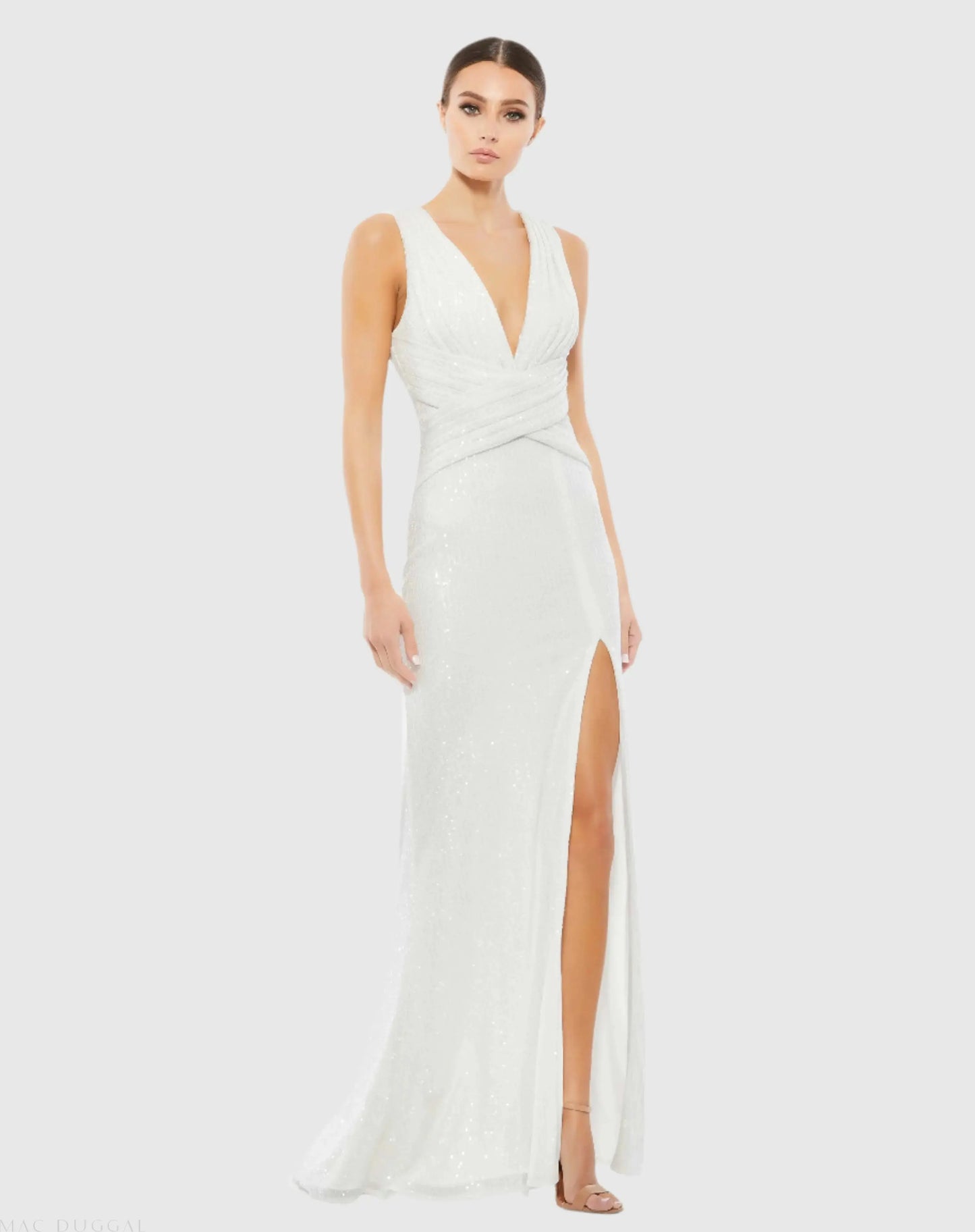White V-Neck Sequin Wrap Waist Gown - Ieena for Mac Duggal