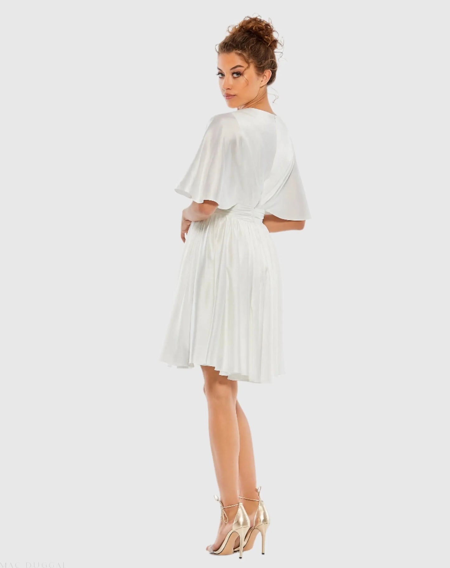 White Satin Flowy Cape Sleeve Mini Dress - FINAL SALE - Mac Duggal
