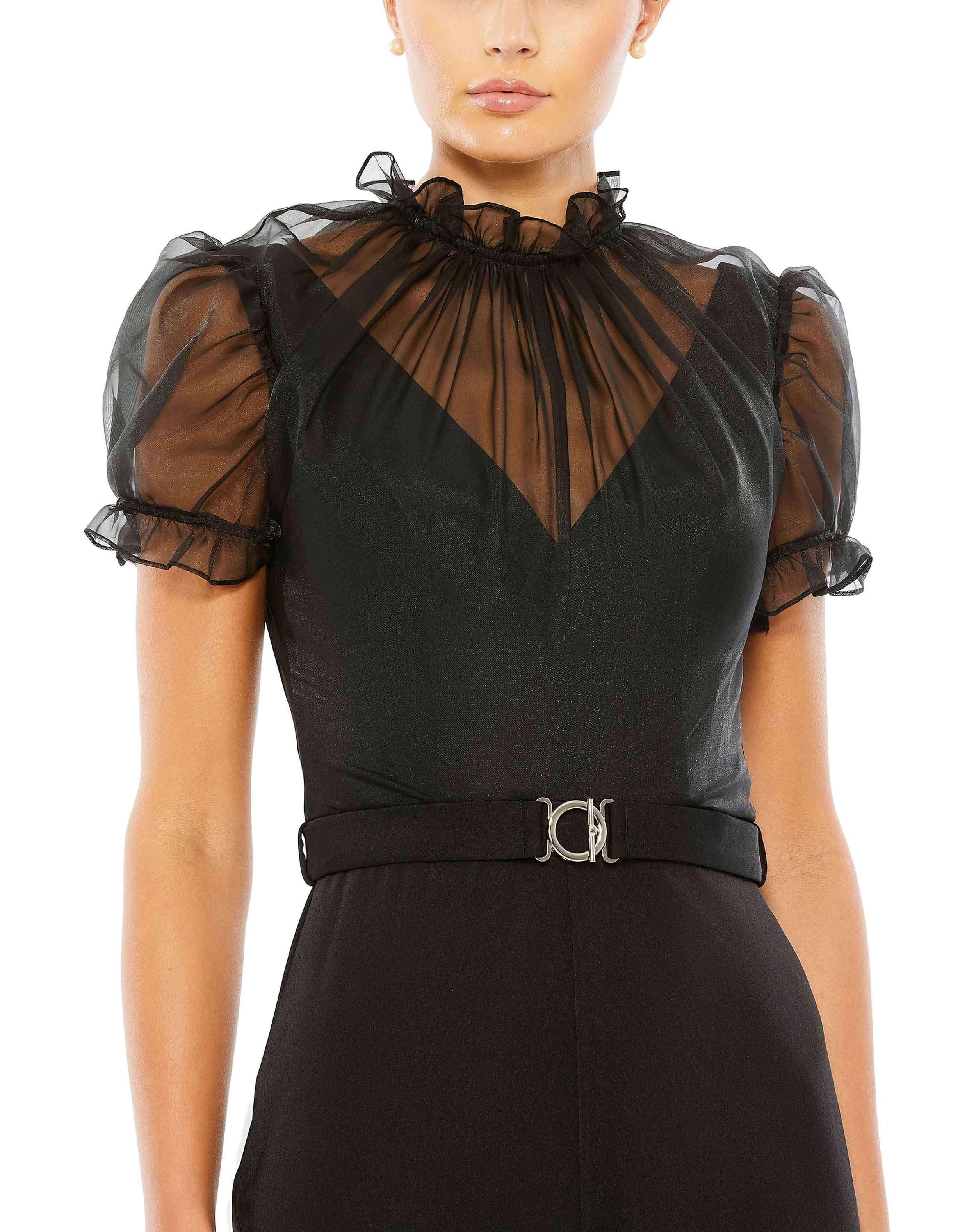 Belted Illusion High Neck Cap Sleeve Jumpsuit