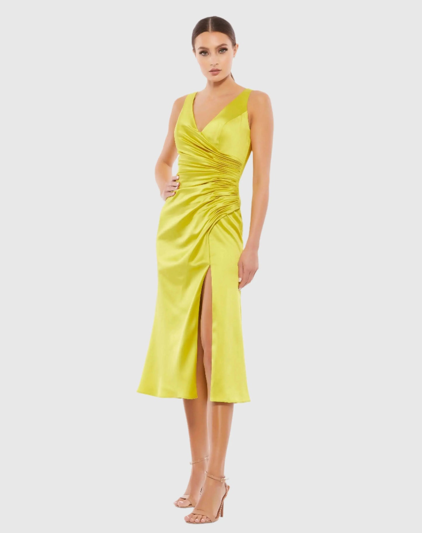 Yellow Satin Ruched V-Neck Faux Wrap Midi Dress