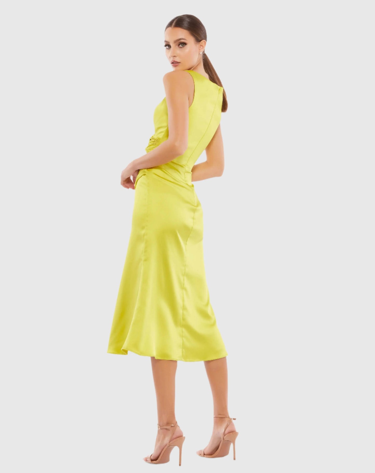 Yellow Satin Ruched V-Neck Faux Wrap Midi Dress - Mac Duggal