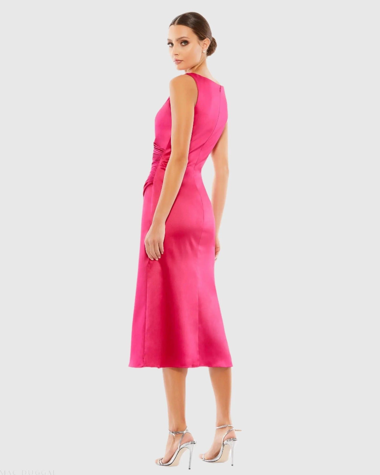 Pink Satin Ruched V-Neck Faux Wrap Midi Dress - Mac Duggal