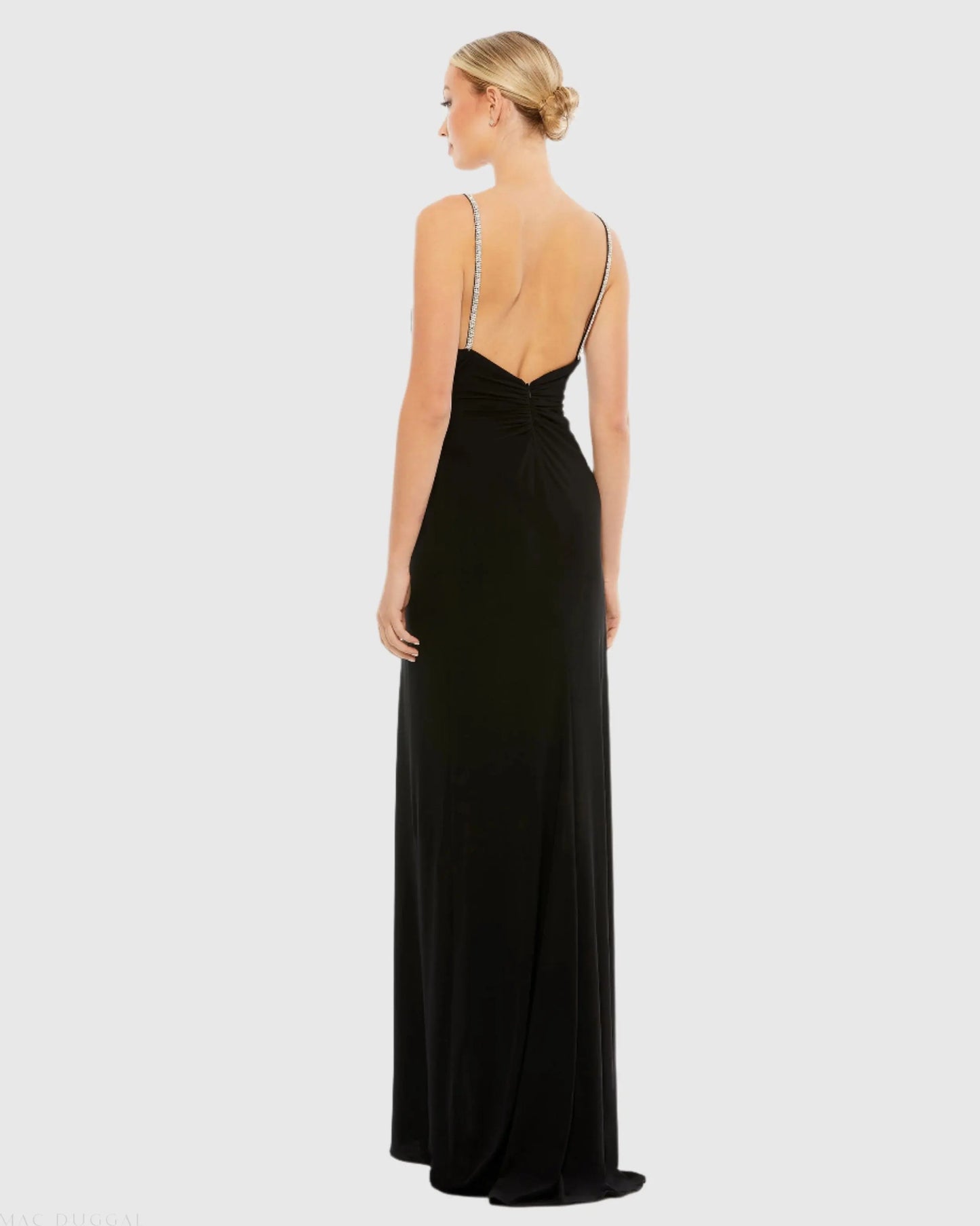 Black Faux Wrap V Neck Open Back Gown - FINAL SALE - Mac Duggal
