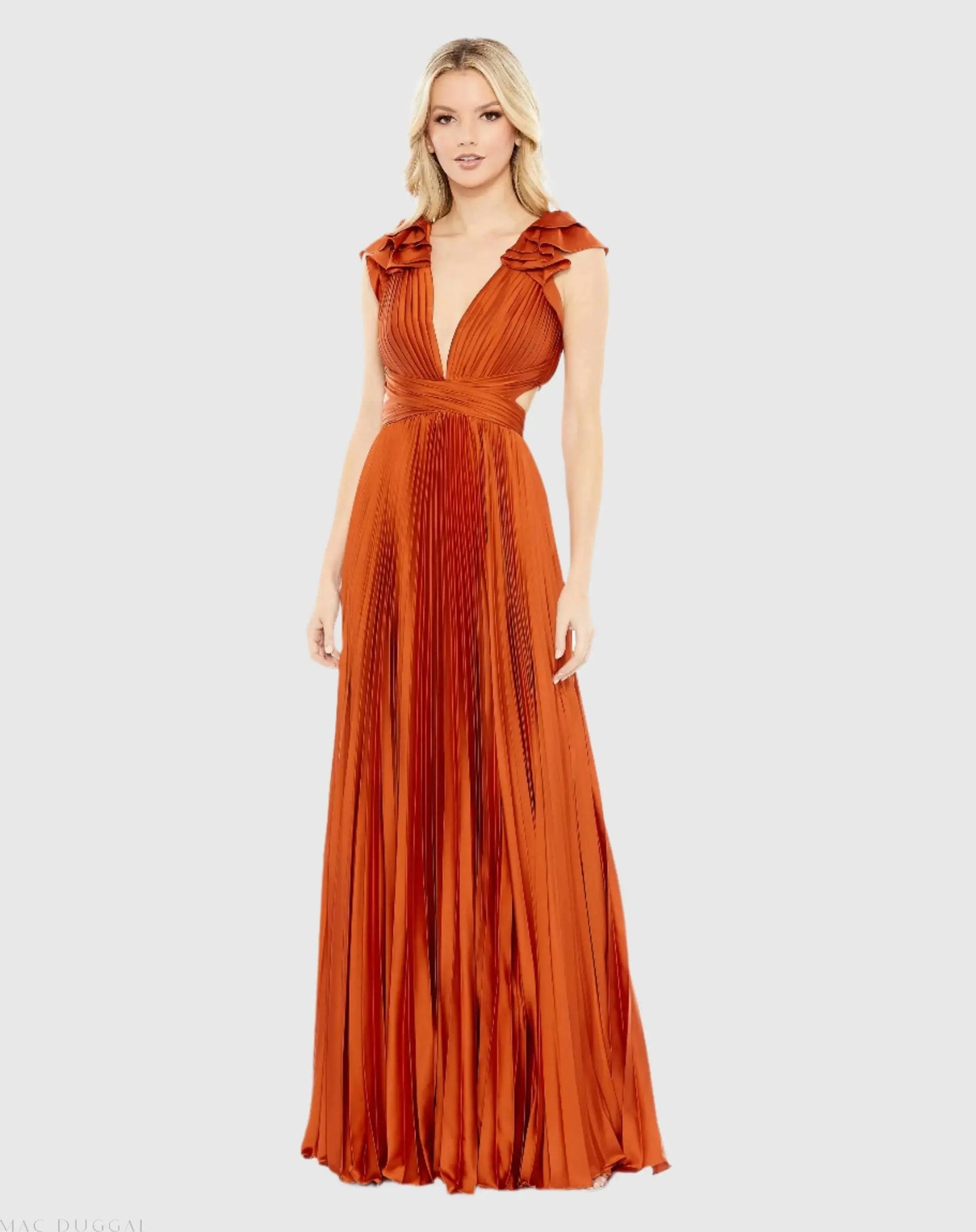 Dark Orange Pleated Ruffled Cap Sleeve Cut Out Lace Up Gown - Ieena for Mac Duggal