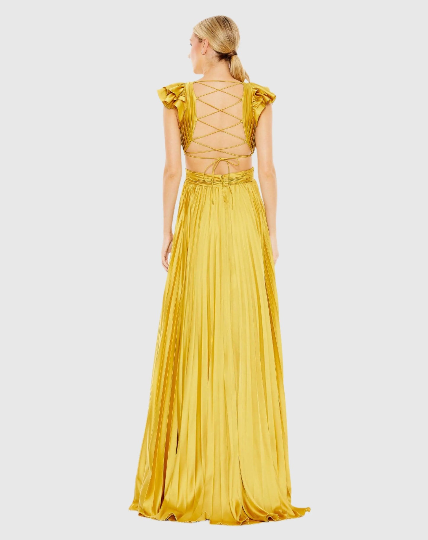 Yellow Pleated Ruffled Cap Sleeve Cut Out Lace Up Gown - FINAL SALE - Mac Duggal