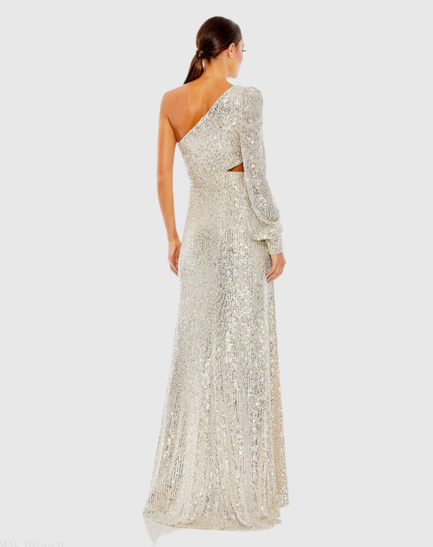 Silver Sequined One Shoulder Cut Out Gown - Mac Duggal