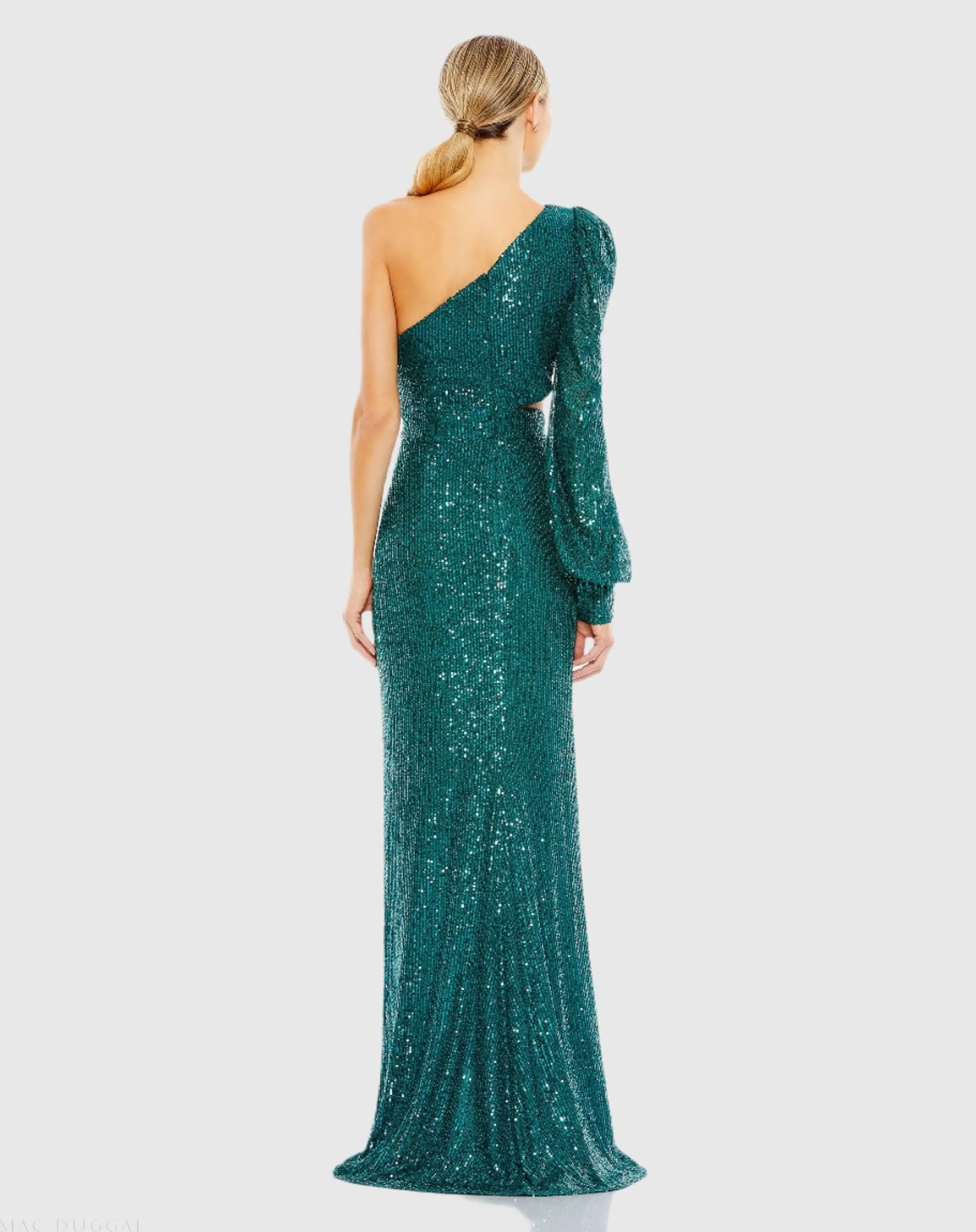 Green Sequined One Shoulder Cut Out Gown - Mac Duggal
