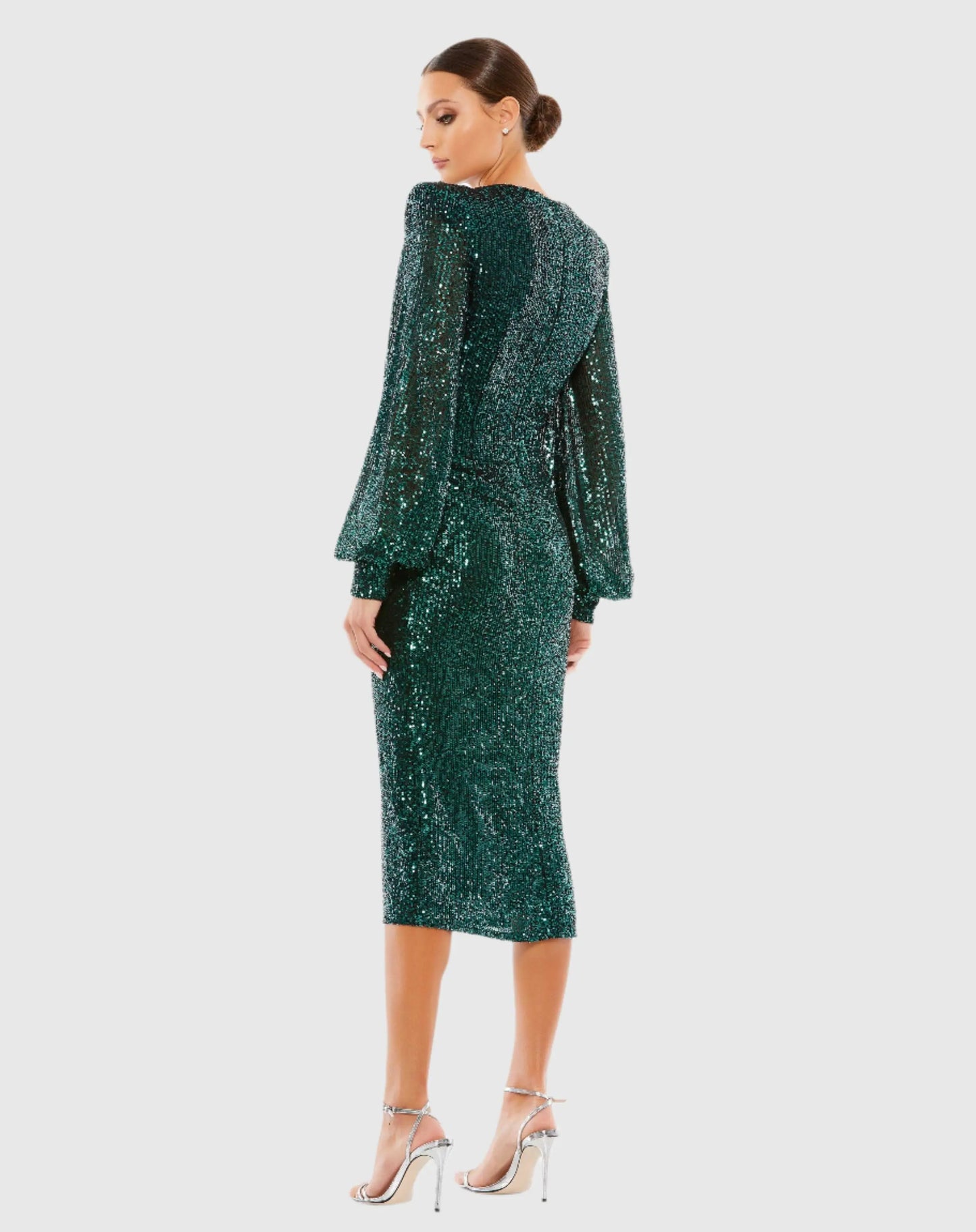Green Sequined Structured Bishop Sleeve Midi Dress - Ieena for Mac Duggal