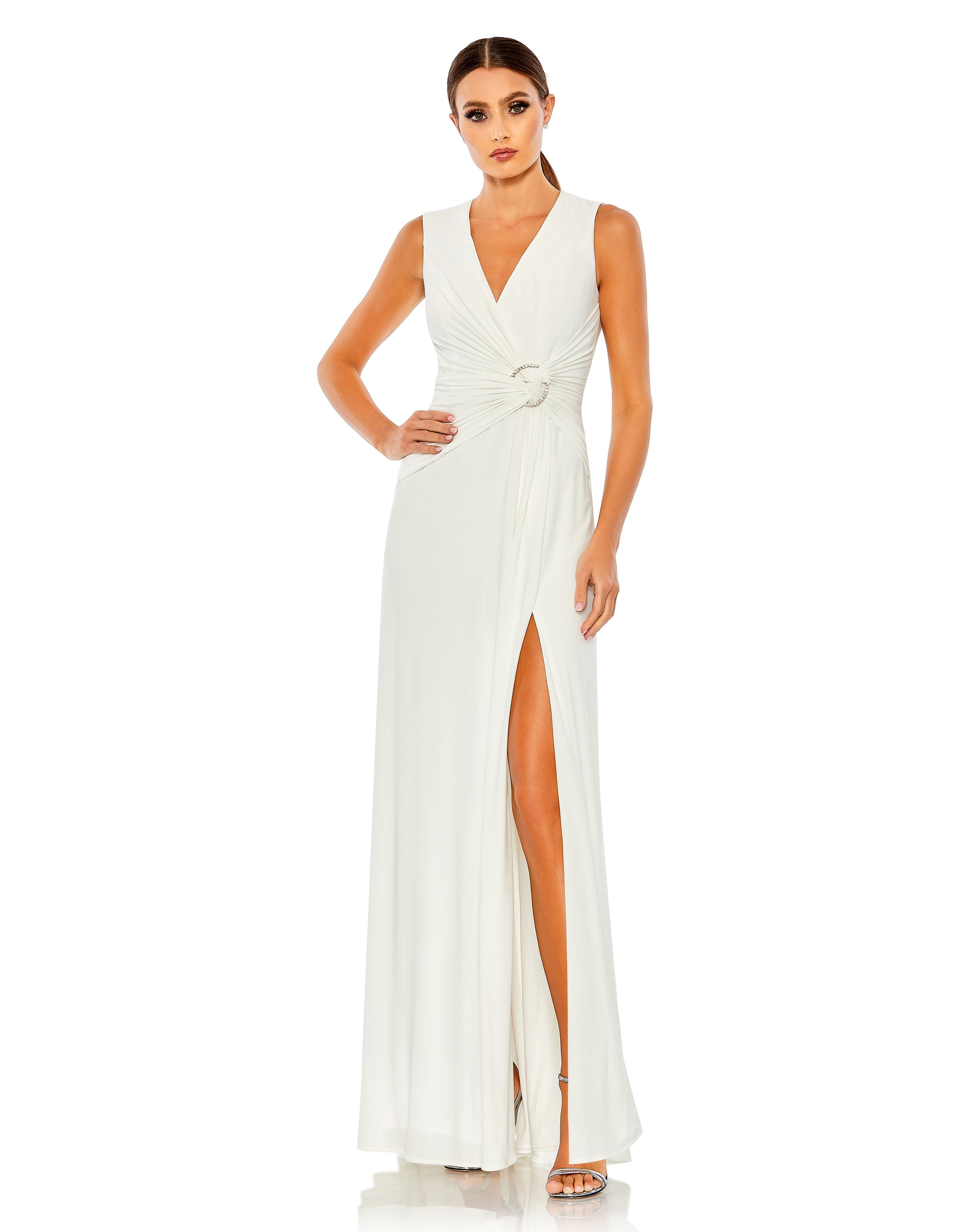 Draped Side Knot Jersey Gown w/ Rhinestone Ring