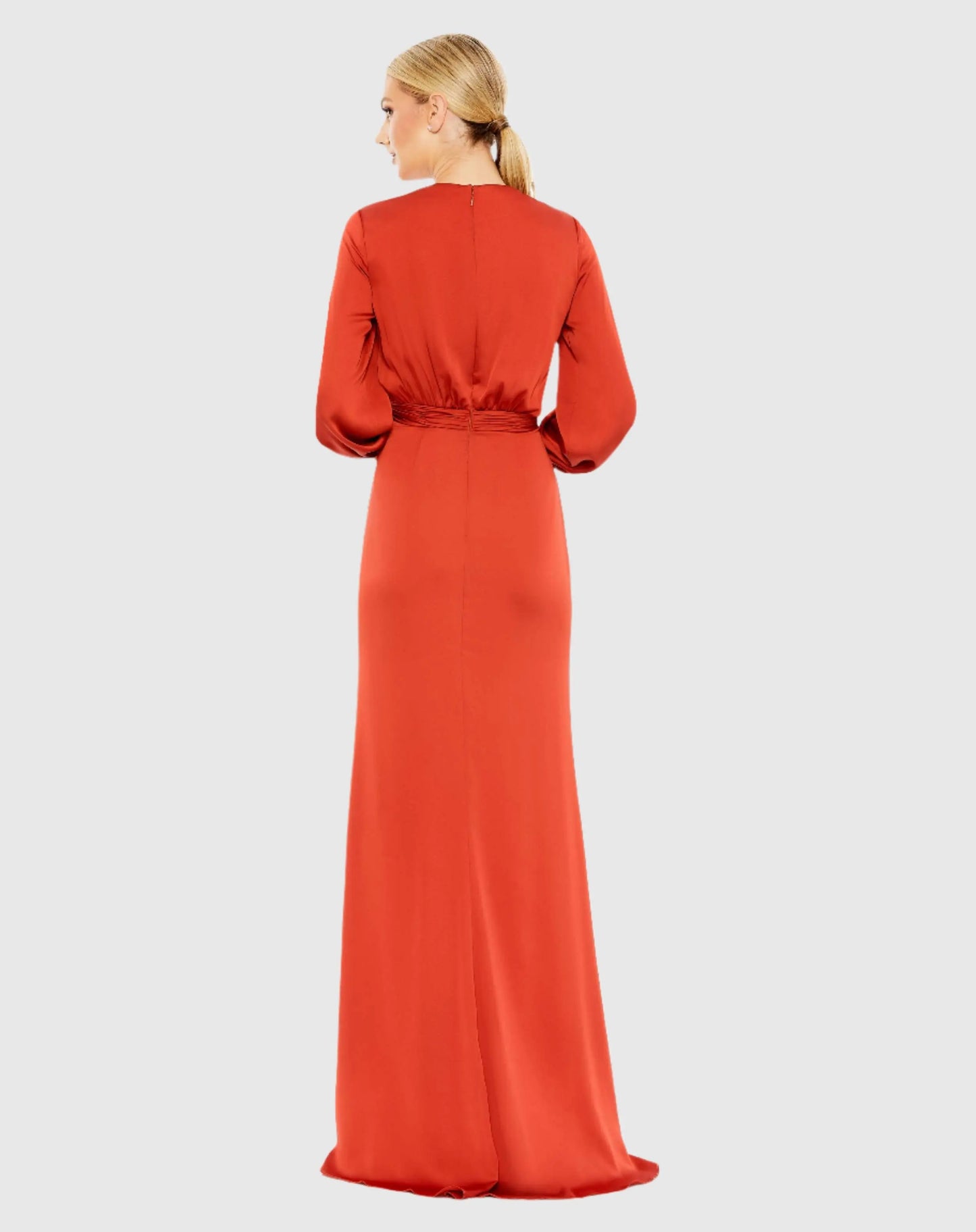 Red Draped Bishop Sleeve Charmeuse Gown - Ieena for Mac Duggal