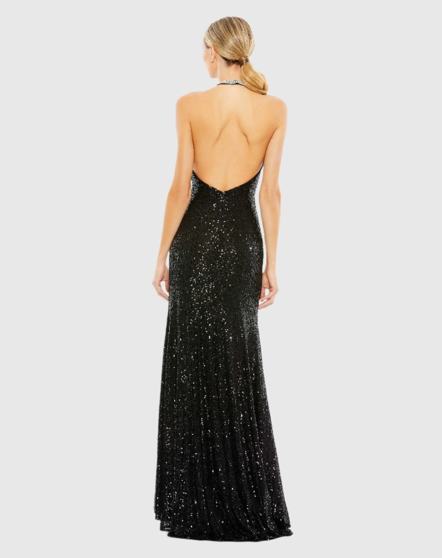 Black Sequined High Neck Rhinestone Trim Column Gown - Mac Duggal