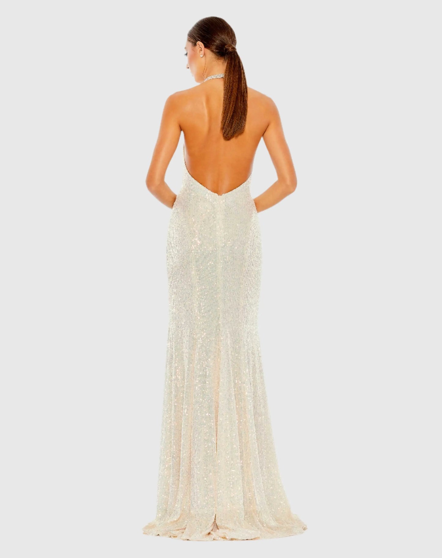 White Sequined High Neck Rhinestone Trim Column Gown - Mac Duggal